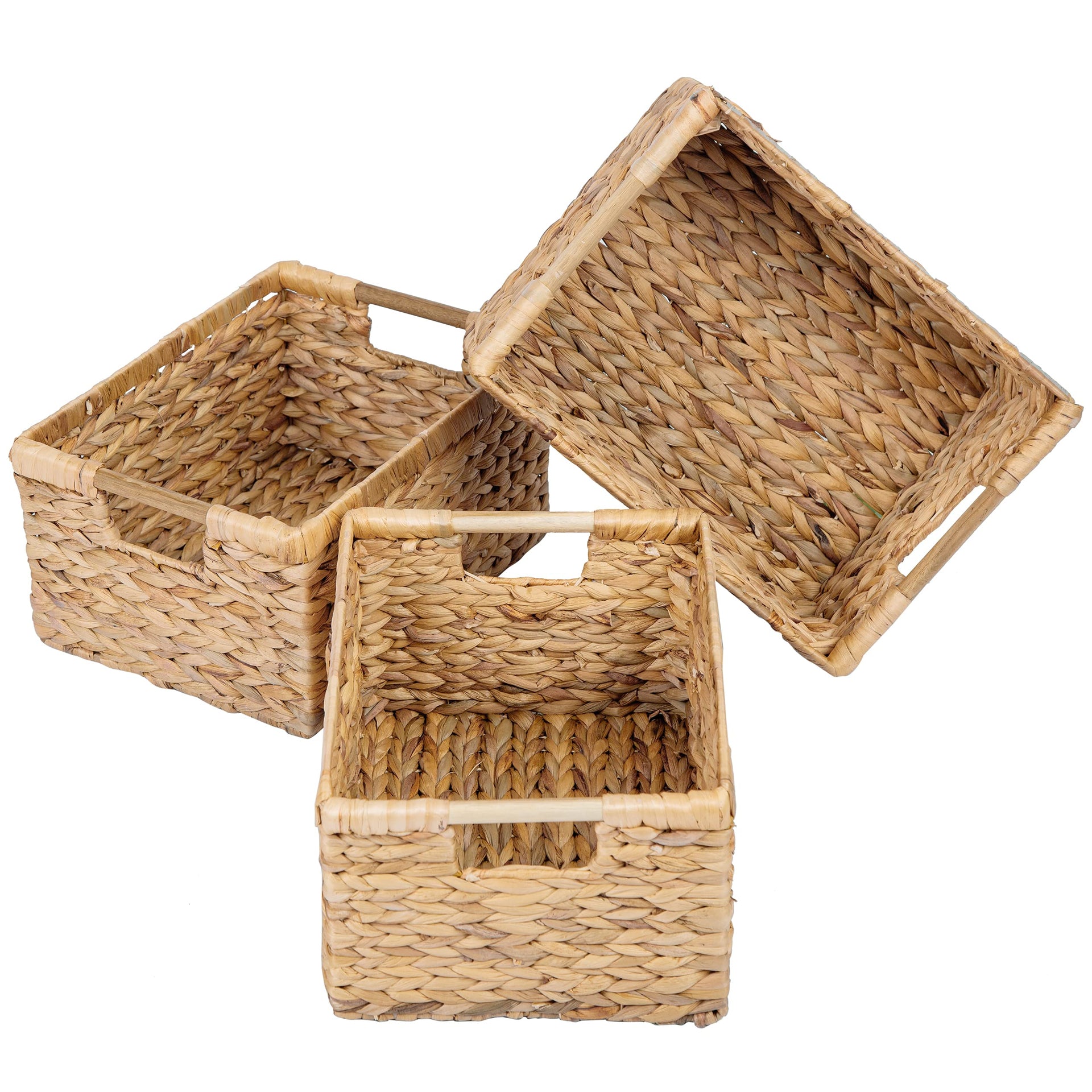 Large Wicker Basket Rectangular with Wooden Handles for Shelves (3 Count)