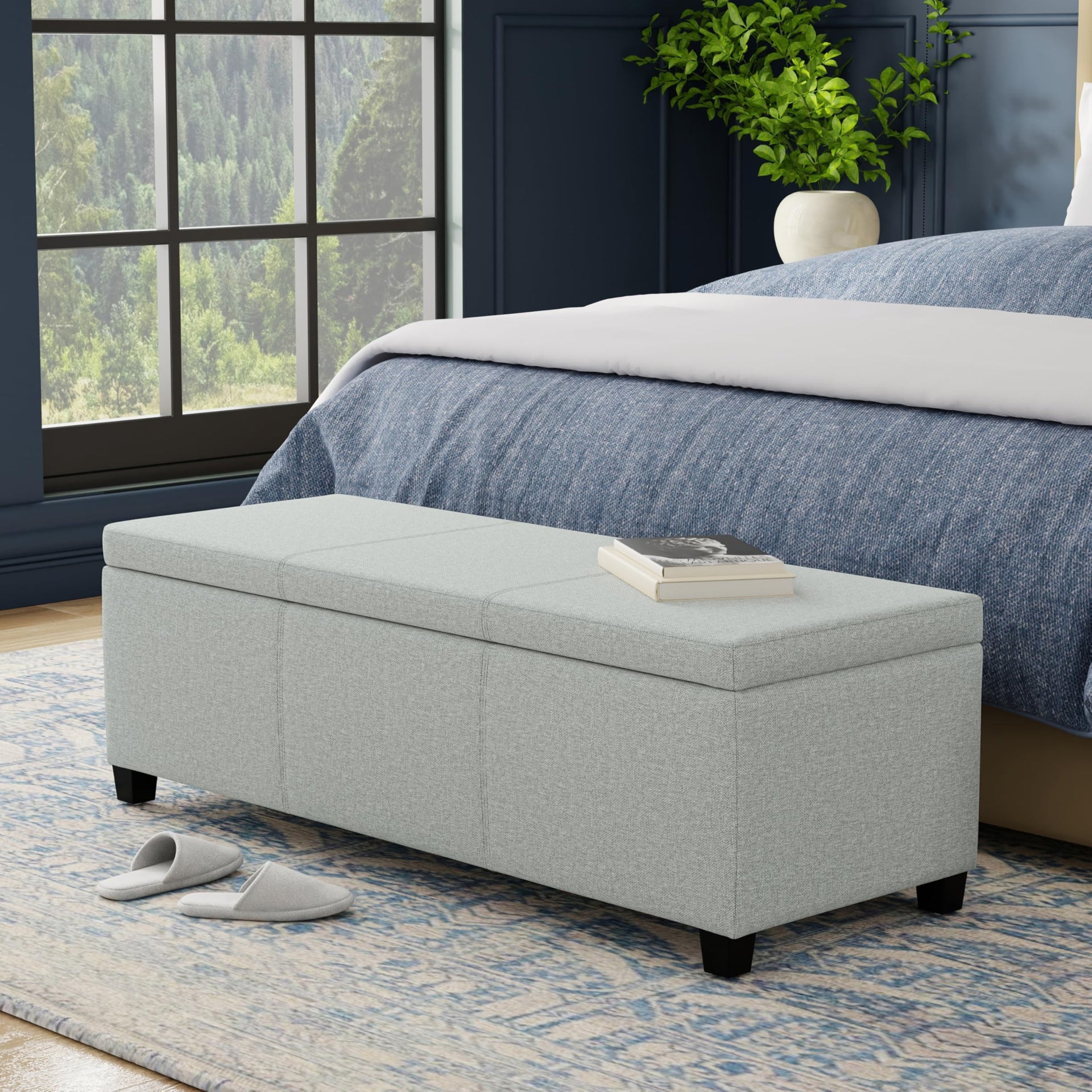Avalon 48" Wide Linen Look Fabric Storage Ottoman in Grey