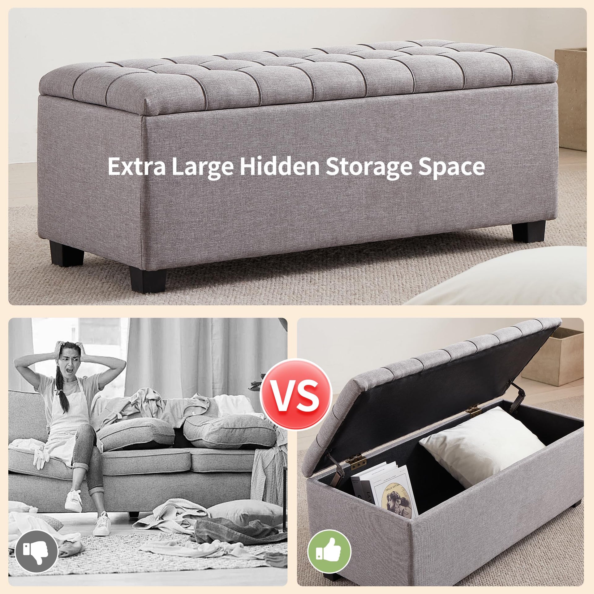 Large Soft Gray Fabric 38 Inch Storage Bench with Hinged Lid and Foot Rest