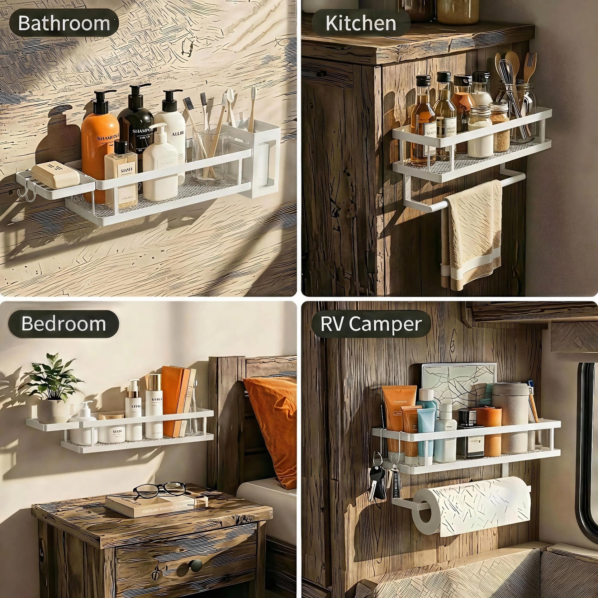 5-in-1 Shower Caddy & Kitchen Organizer Set, Wall Mount Wide Spice Rack with Paper Towel Holder, Utensil Holder, Soap Dish, Rustproof Mesh Baskets Hold 50LBS - Silver Gray, Guardrail