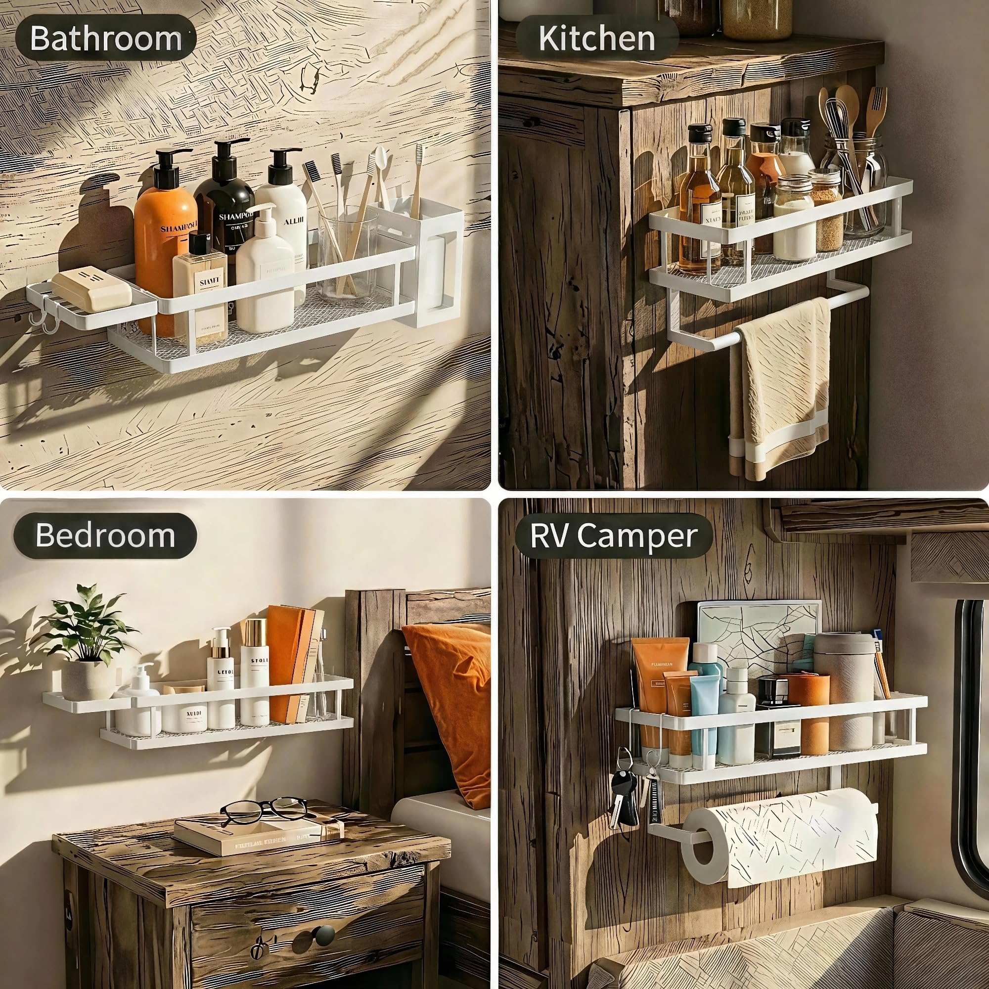 5-in-1 Shower Caddy & Kitchen Organizer Set, Wall Mount Wide Spice Rack with Paper Towel Holder, Utensil Holder, Soap Dish, Rustproof Mesh Baskets Hold 50LBS - Silver Gray, Guardrail