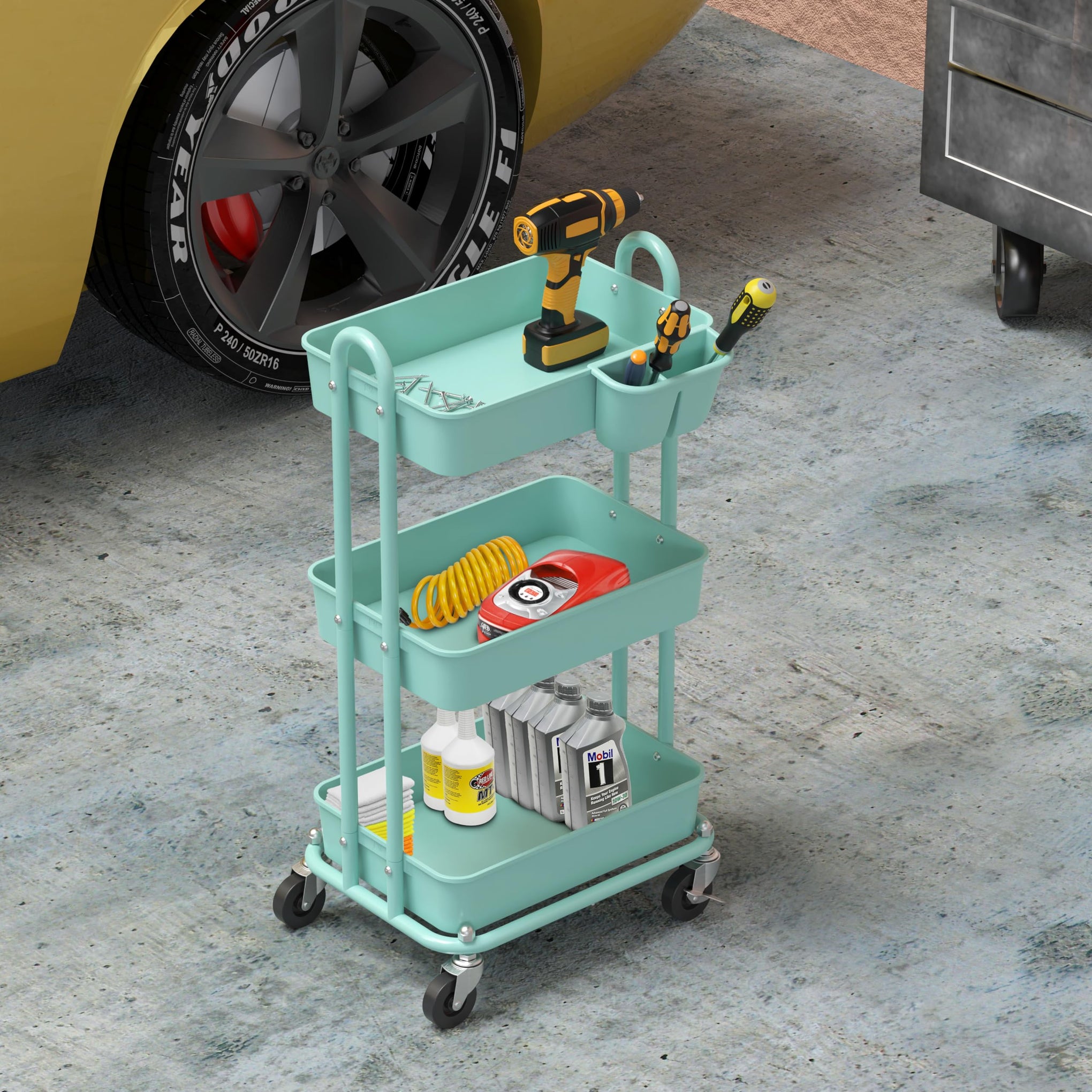 3 Tier Rolling Utility Cart with Hanging Bucket