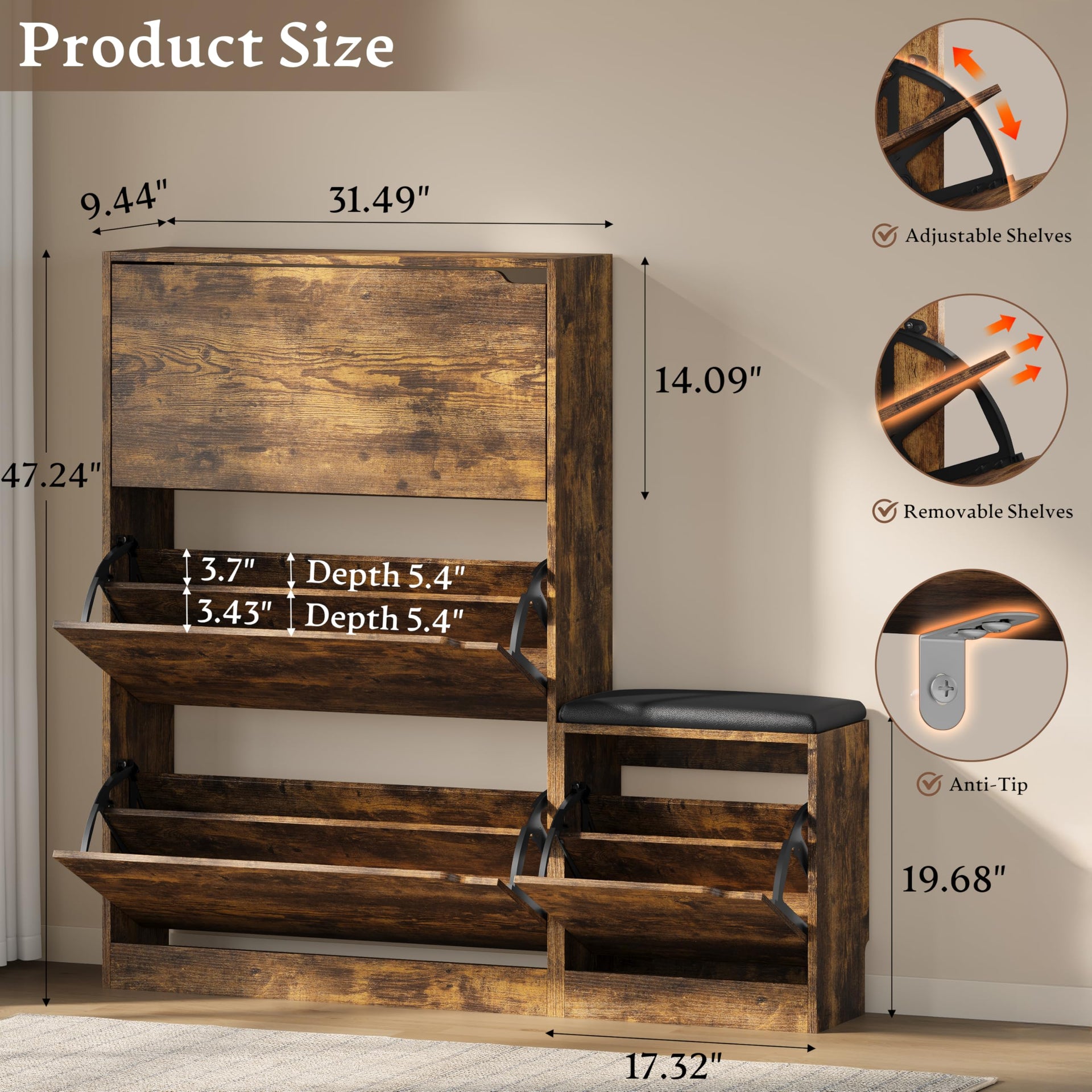 Shoe Cabinet with Bench and 3 Flip Drawers