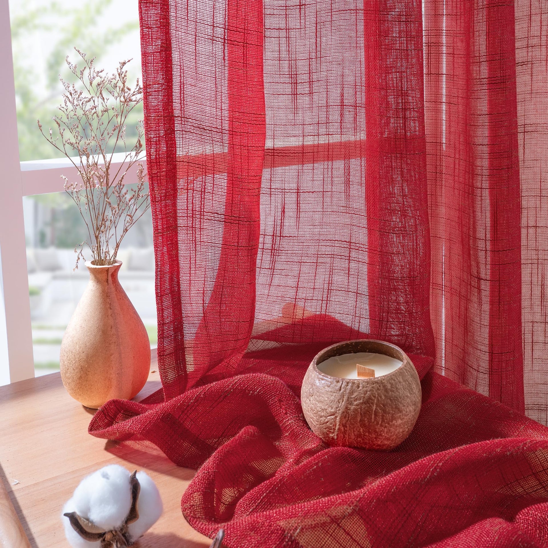 Red Linen Kitchen Window Curtains 45 Inch Length (2 Count)