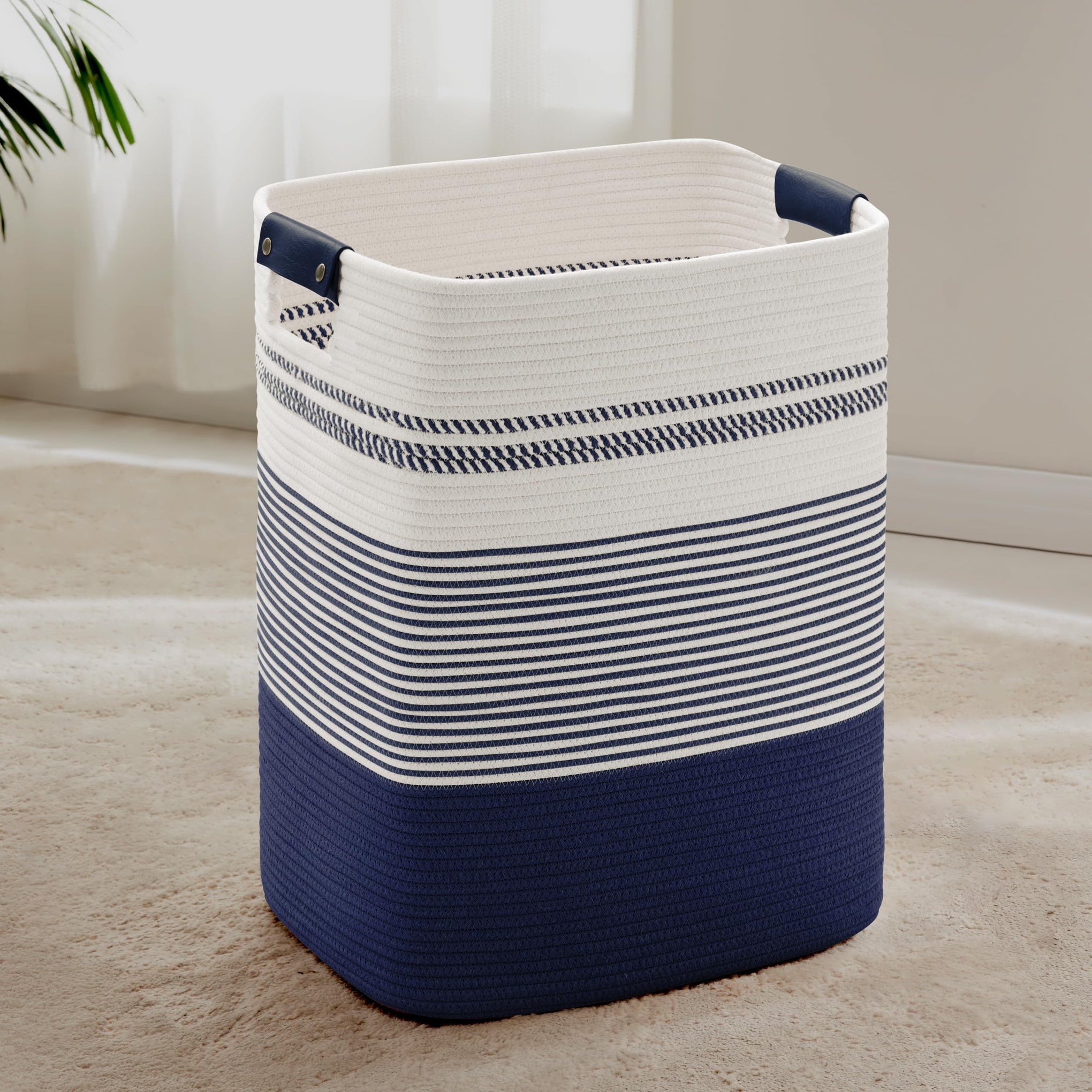 85L Tall Woven Laundry Basket Hamper with Leather Handles