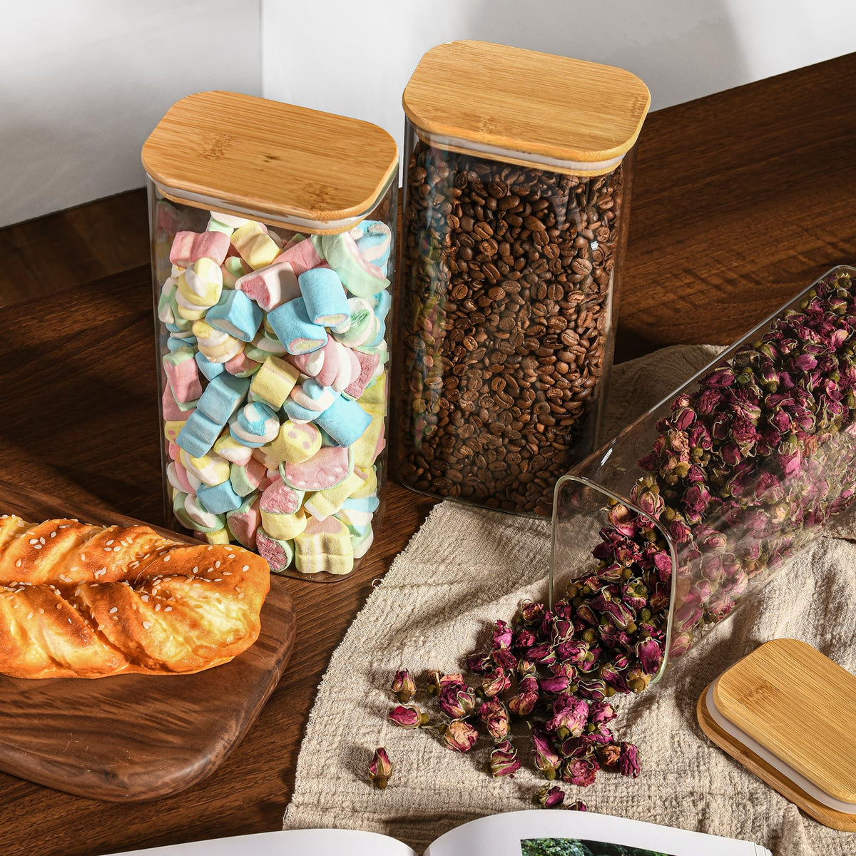 64oz Rectangle Airtight Glass Storage Containers with Bamboo Lids (4 Count)
