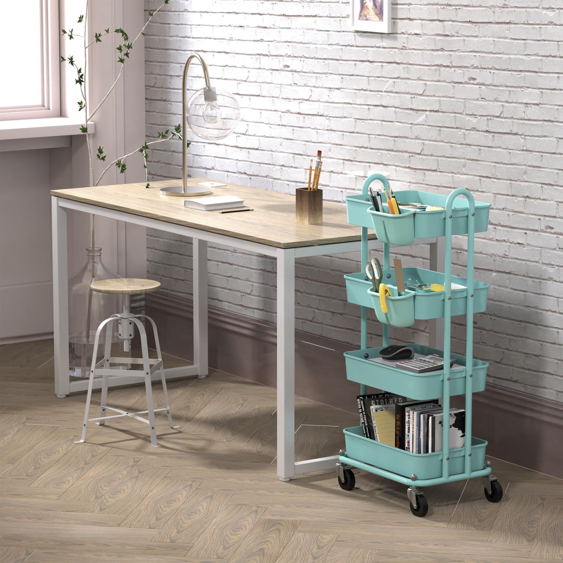 4 Tier Rolling Utility Cart with Hanging Bucket