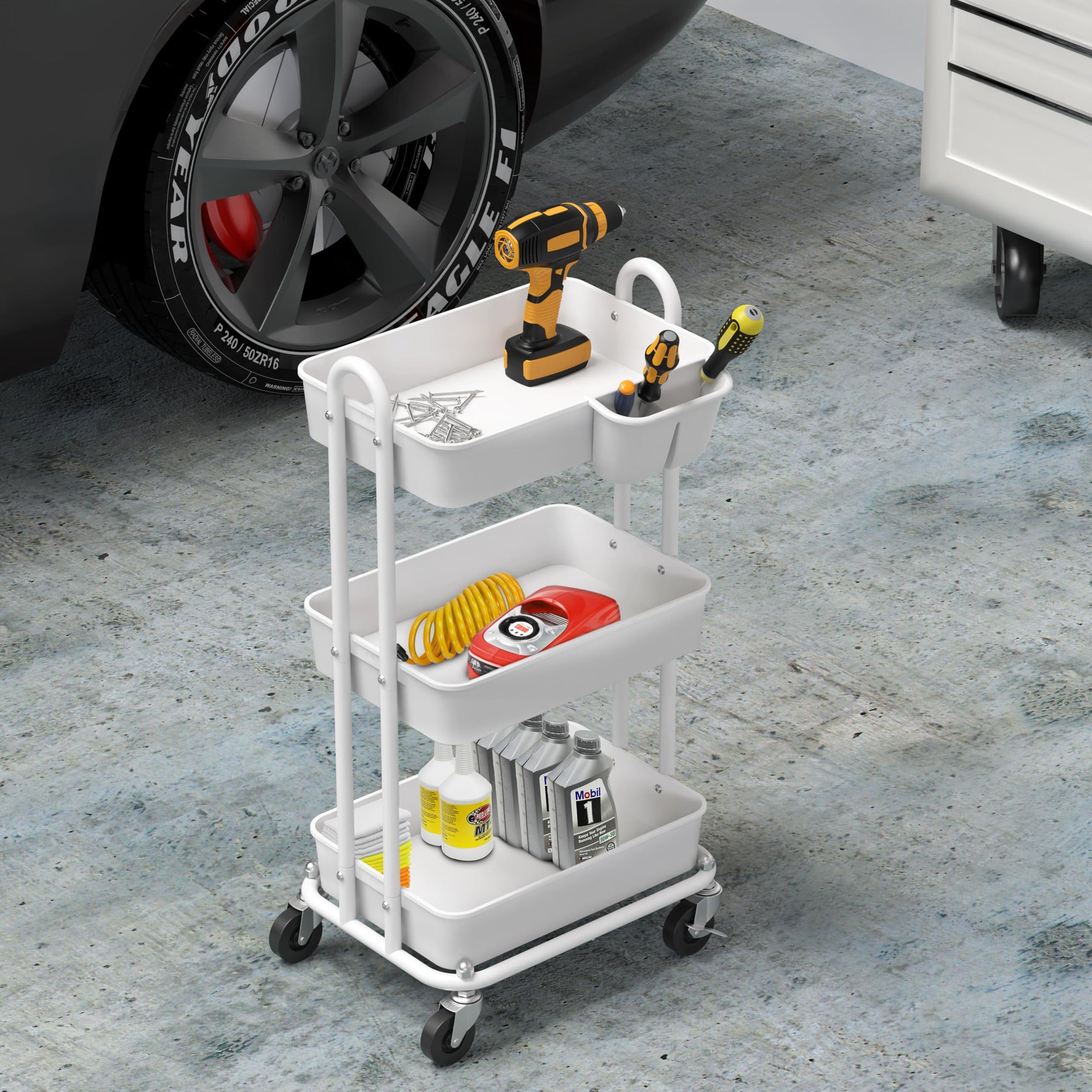 3 Tier Rolling Utility Cart with Hanging Bucket