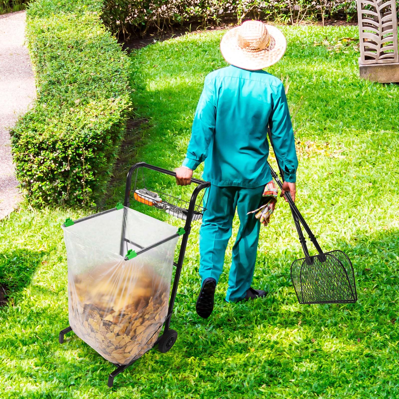 Mobile Trash Bag Holder with Storage Basket and Ergonomic Handle