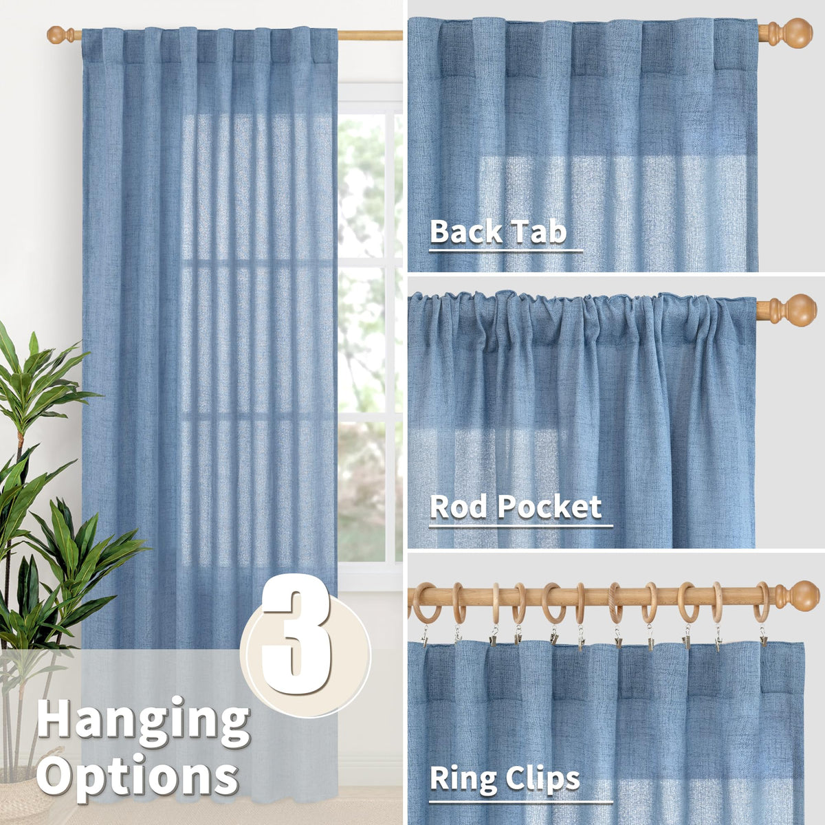 Light Blue Linen Semi Sheer Curtains 84 Inch Long for Living Room (2 Count)