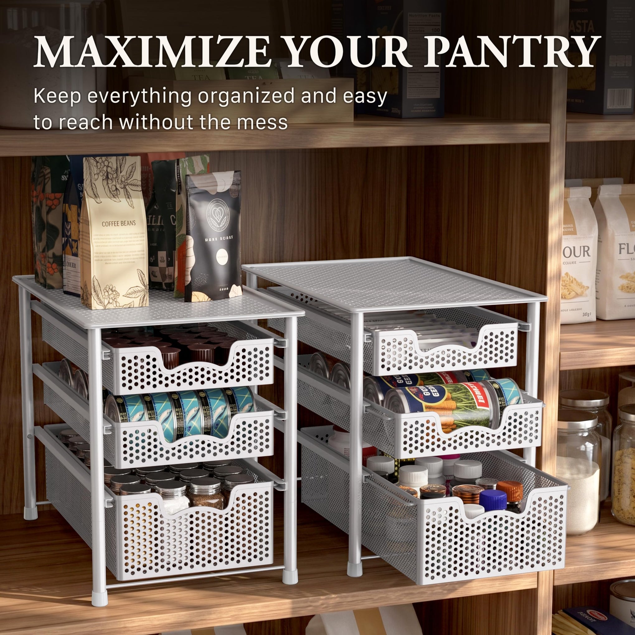 3 Tier White Alloy Steel Sliding Basket Organizer Drawer Cabinet