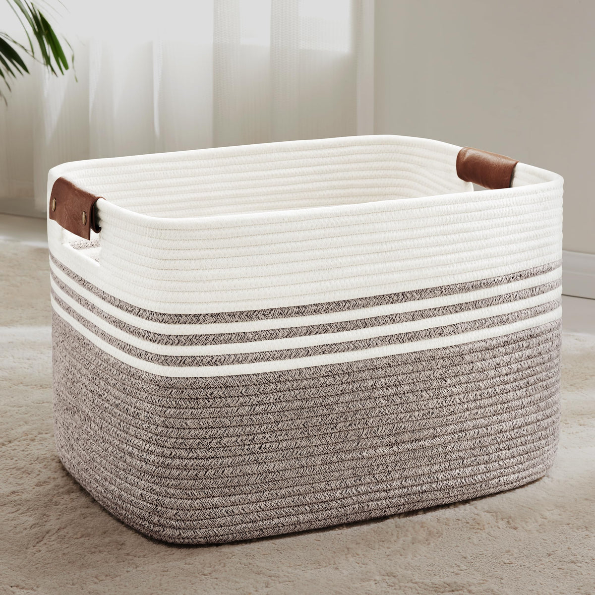 86L Woven Laundry Basket Hamper with Leather Handles
