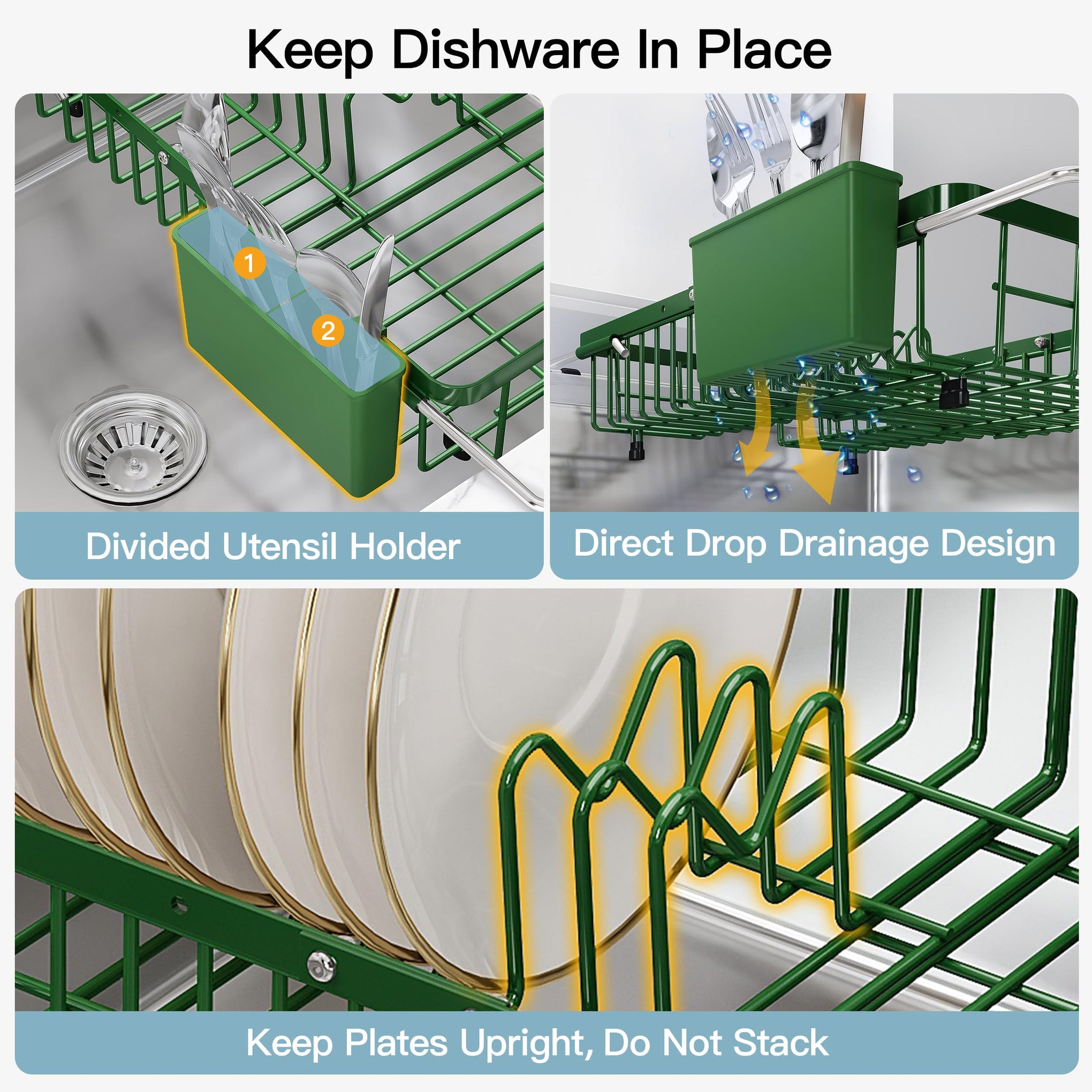 Green Dish Drying Rack Over the Sink with Utensil Holder