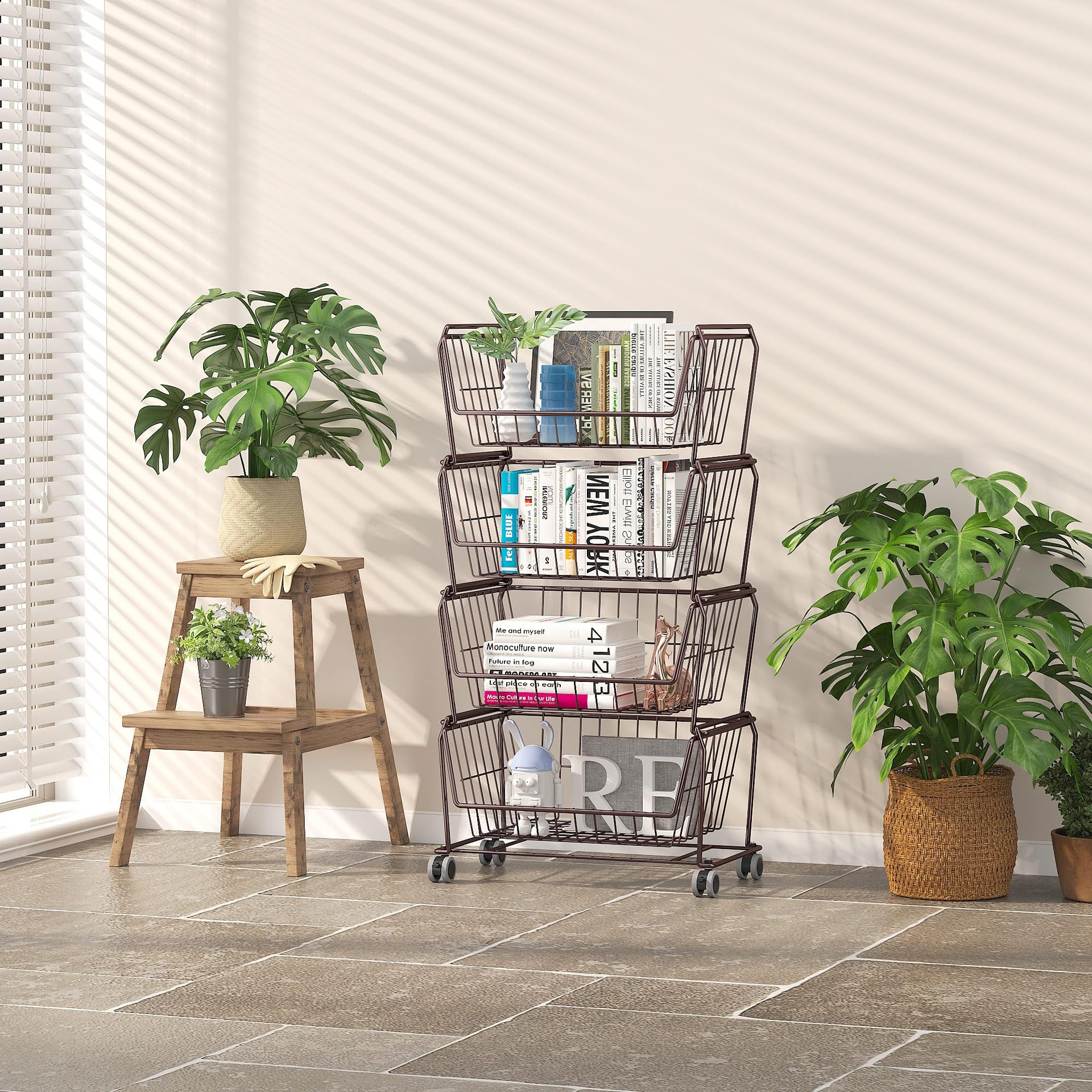 4 Tier Spacious Stackable Wire Storage Baskets with Wheels (4 Count)