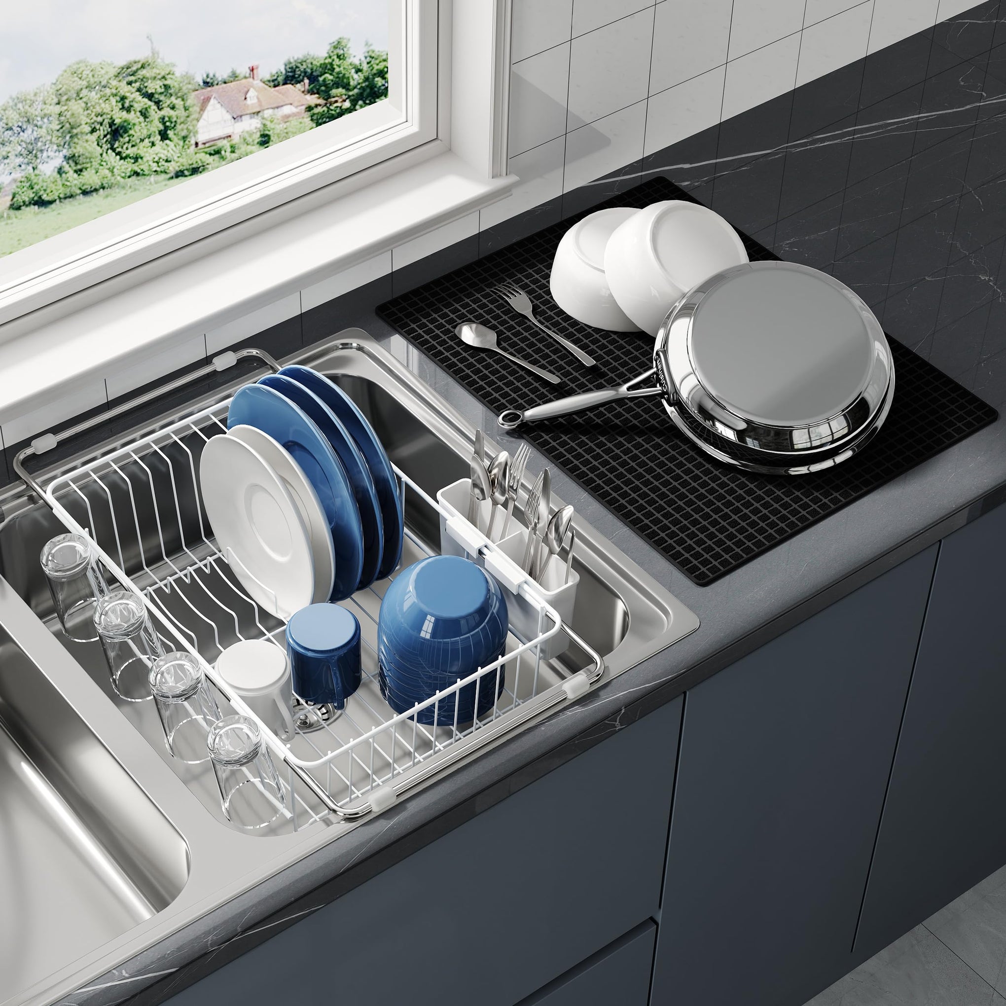 White Dish Drying Rack in Sink with Mat
