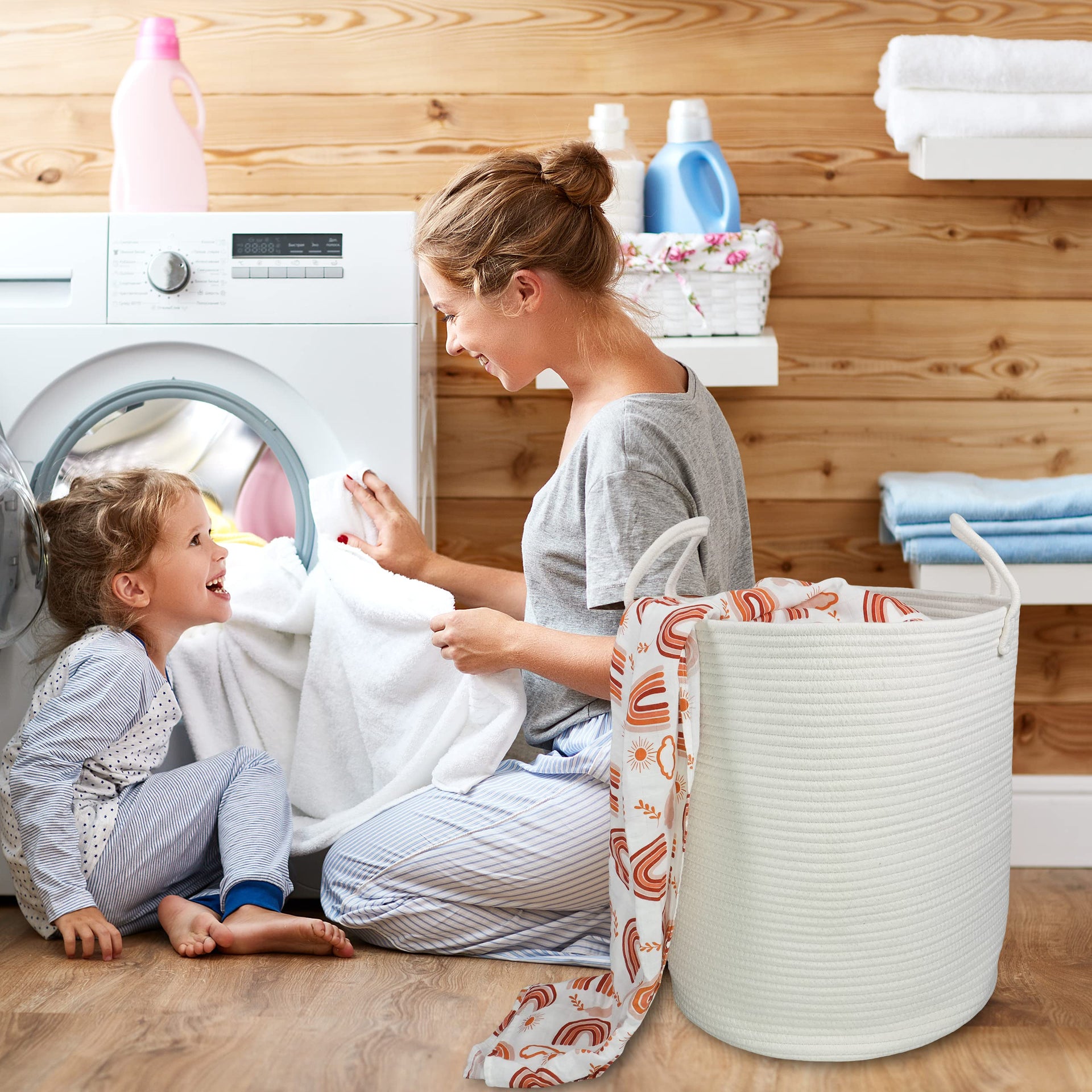 White Cotton Rope Laundry Basket Hamper for Clothes Large