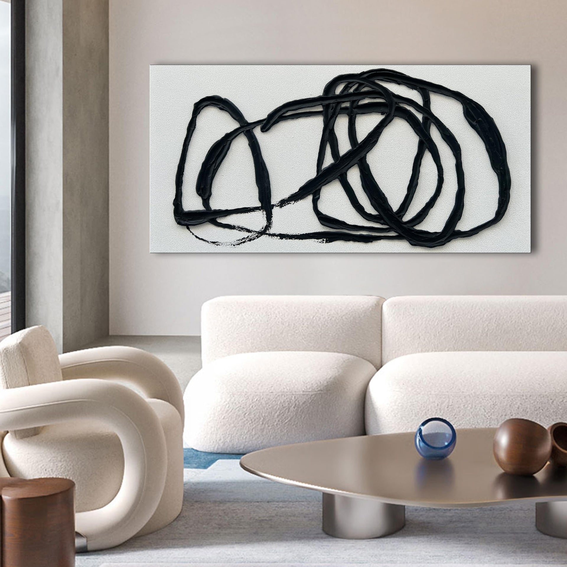 Art Hand Painted 30x60 inch Contemporary Minimalist Art Painting Black and White Texture Abstract Oil Painting Home Wall Decorative Art