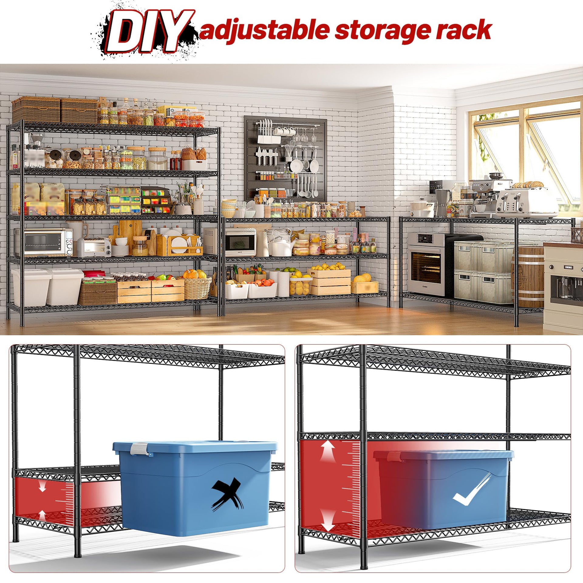 55.5" W Storage Shelves 3200LBS Wire Shelving Unit 5 Tier Metal Shelving Garage Shelving 2PCS Heavy Duty Metal Shelves for Storage Rack Commercial Adjustable Pantry Shelf (2 Count)