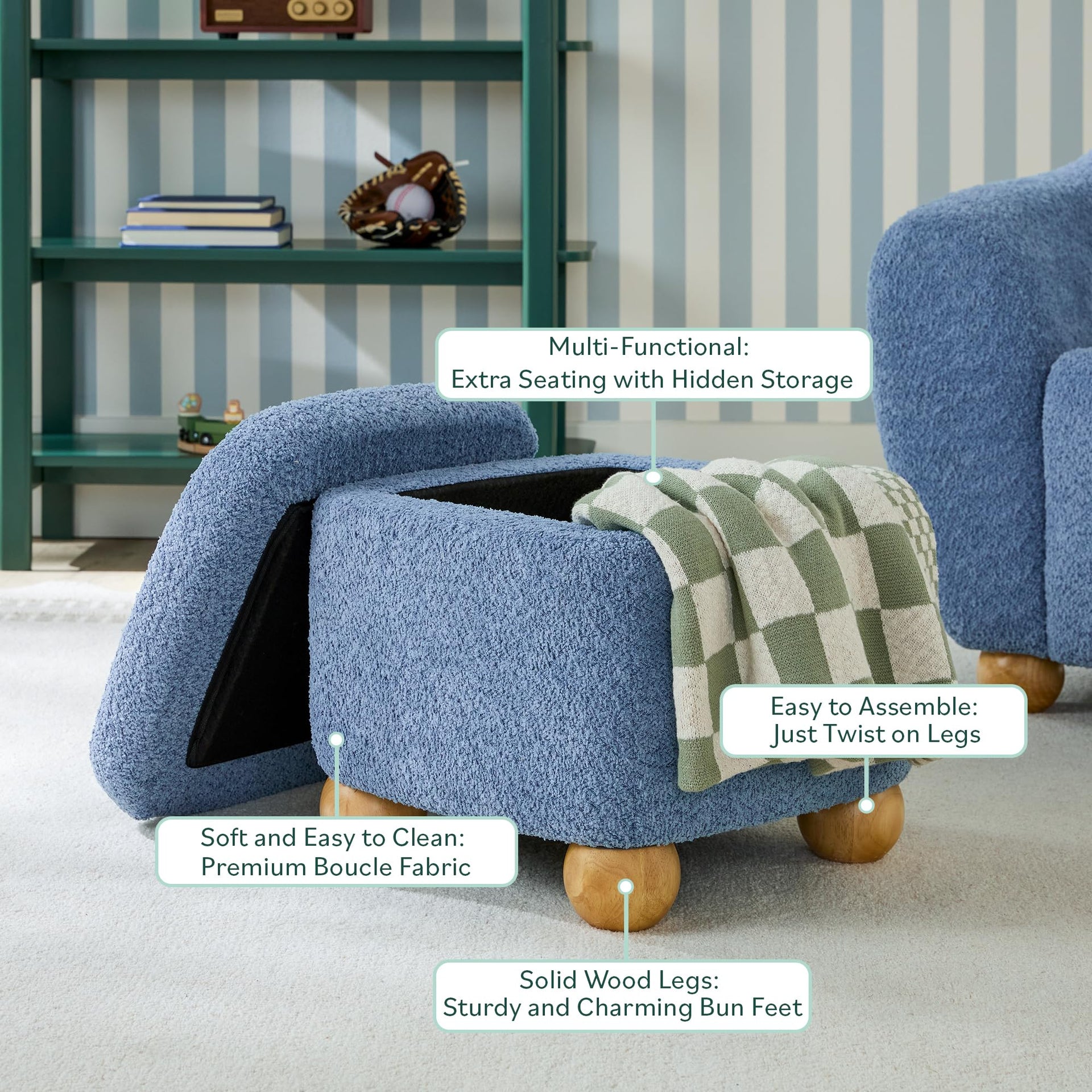 Linley Contemporary Small Storage Bouclé Ottoman with Wood Legs