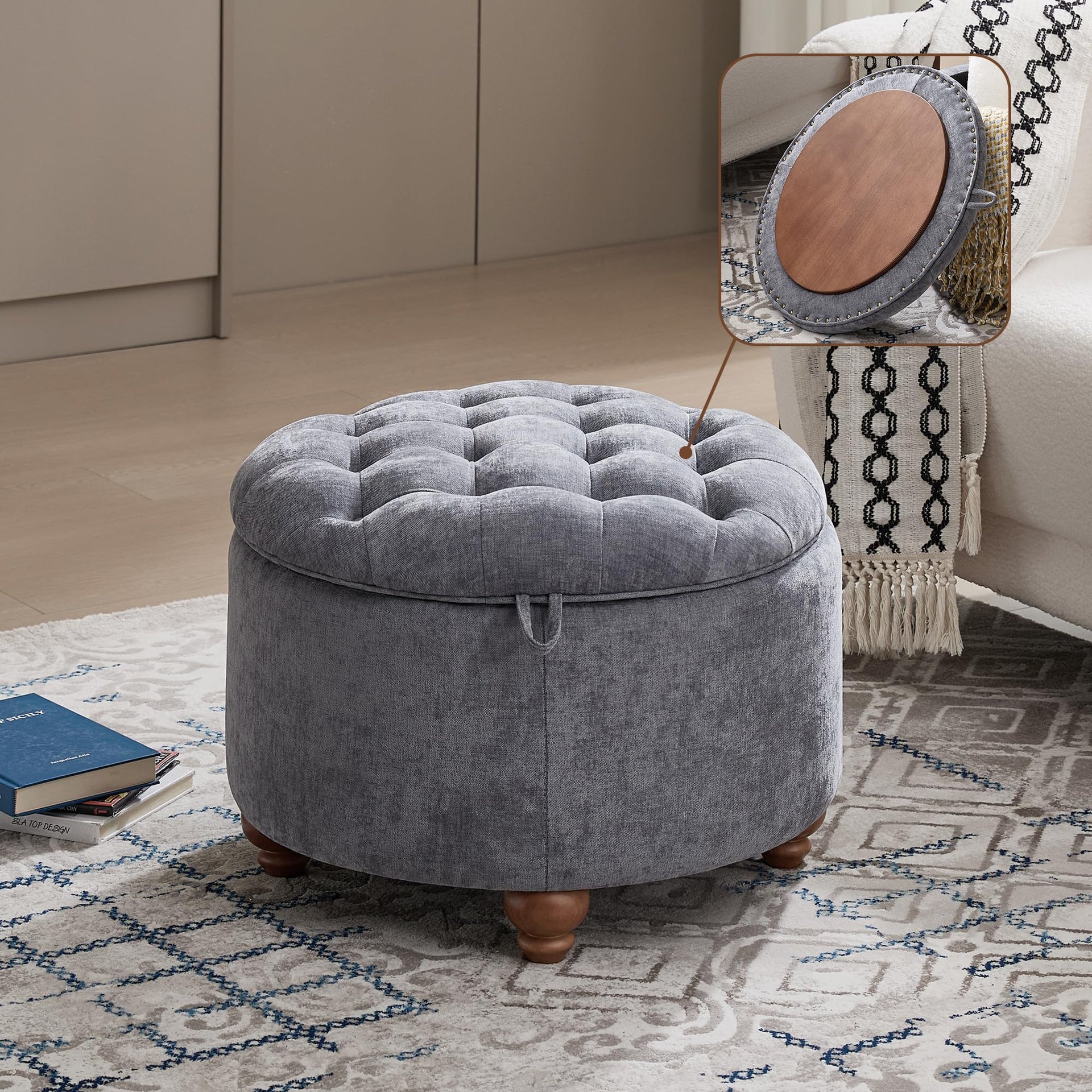 24Inch Round Storage Ottoman with Tray