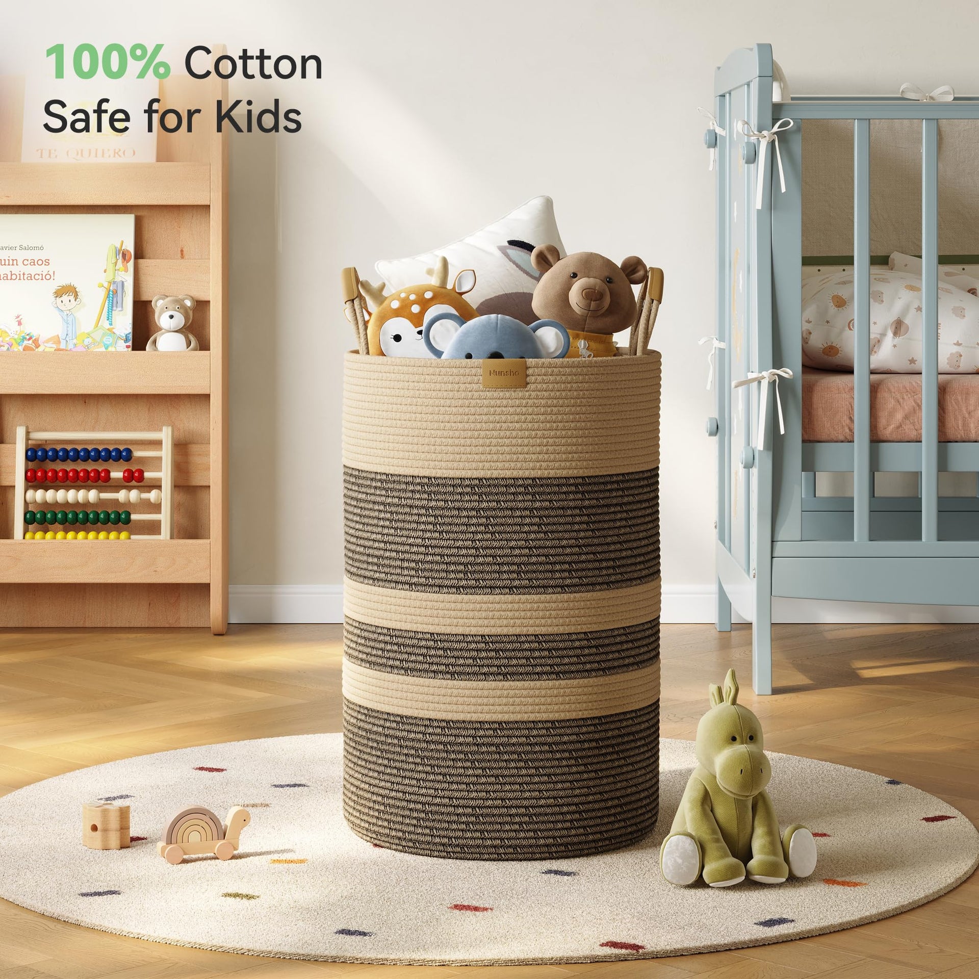 75L Striped Laundry Hamper with Leather Handles
