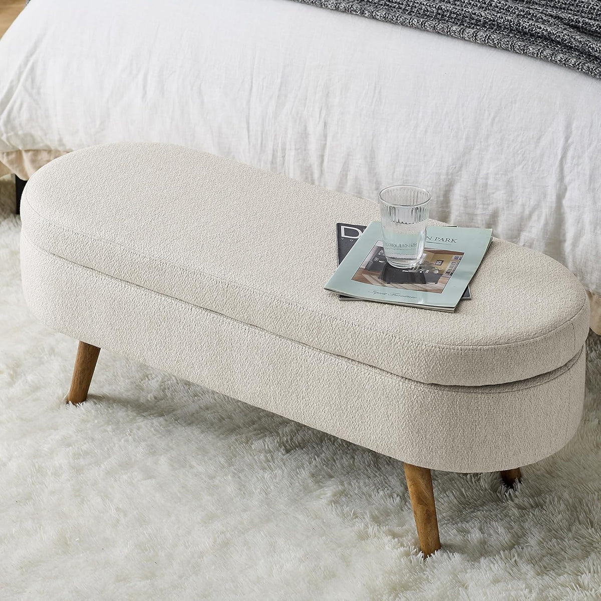 Furnimart 43.5" Queen Size Storage Bedroom Bench for End of Bed, Faux Linen Upholstered Storage Ottoman with Solid Wood Leg for Bedroom,Living Room, Entryway, Beige