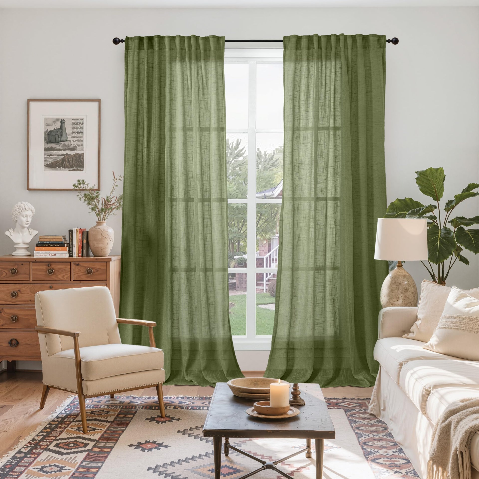 Olive Green Linen Semi Sheer Curtains 95 Inch Length (2 Count)