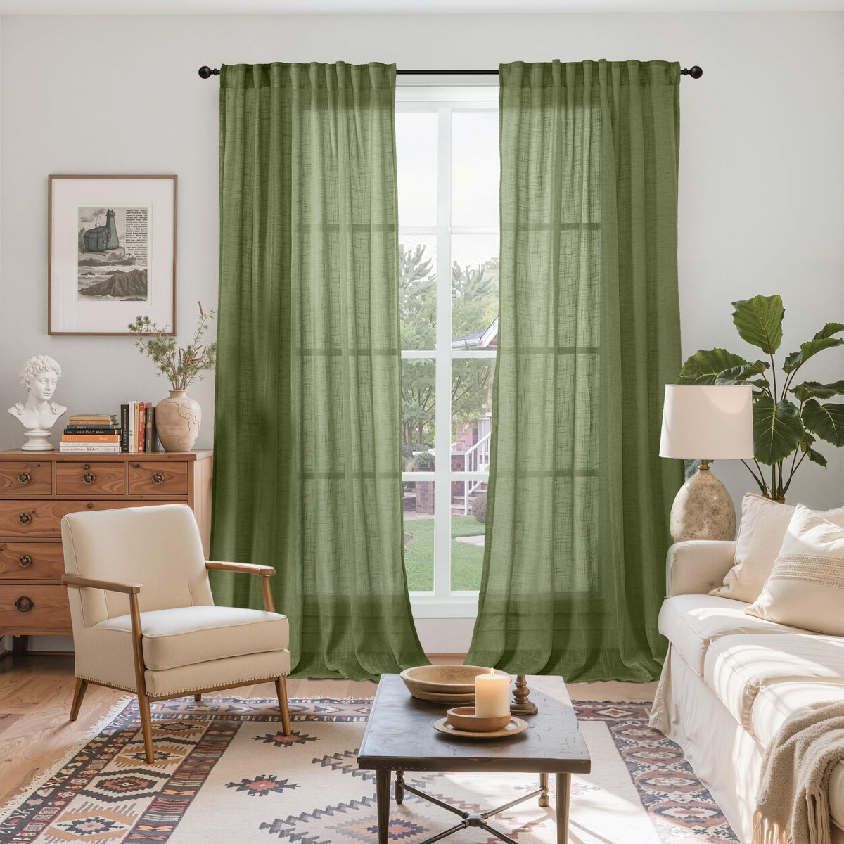 Olive Green Linen Semi Sheer Curtains 90 Inch Length (2 Count)