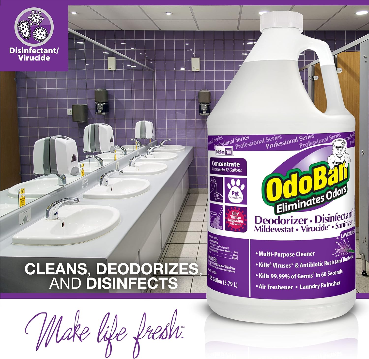 OdoBan Professional Disinfectant and Odor Eliminator Concentrate, Made in the USA, Lavender Scent, 1 Gallon