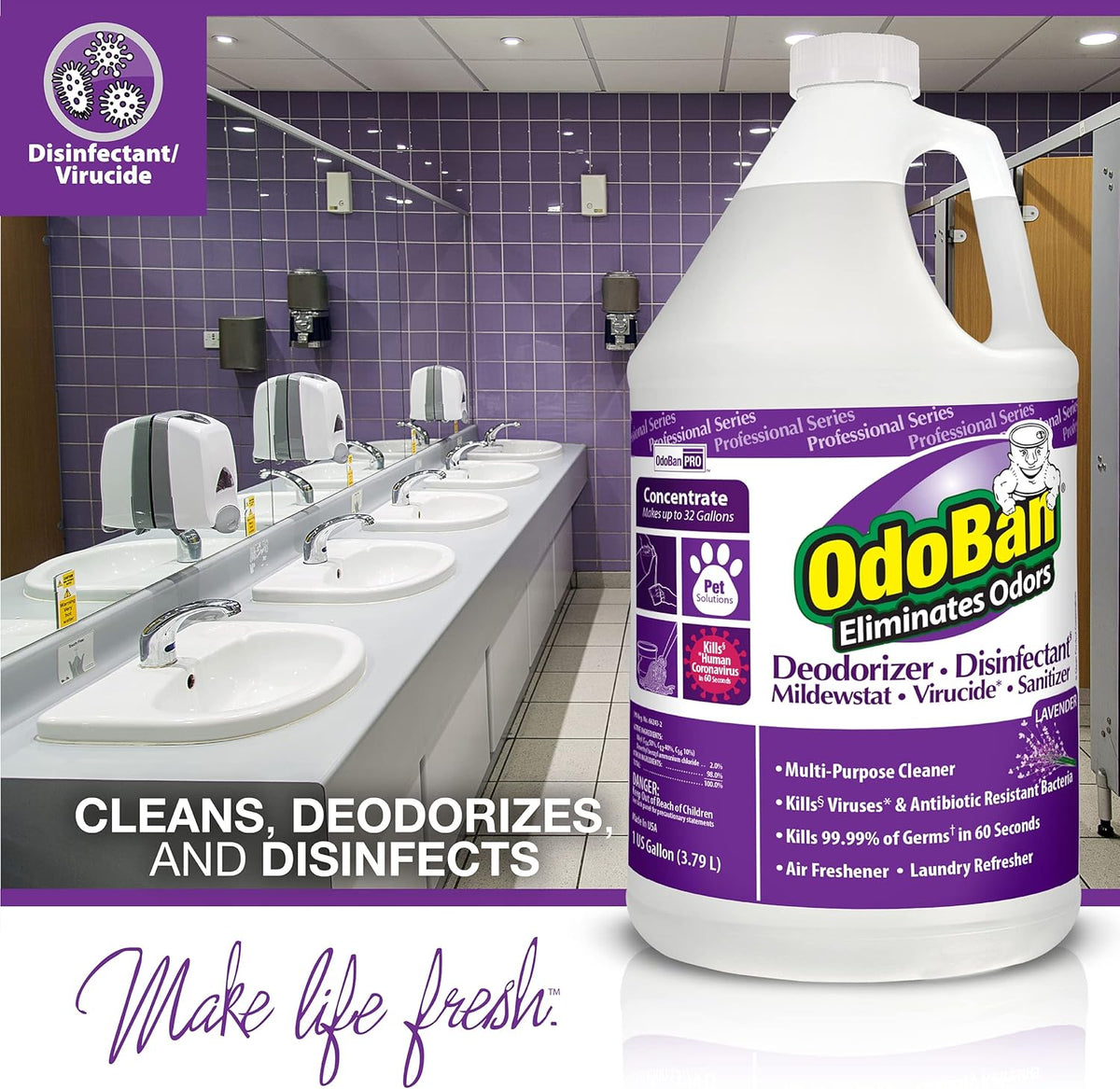 OdoBan Professional Disinfectant and Odor Eliminator Concentrate, Made in the USA, Lavender Scent, 1 Gallon