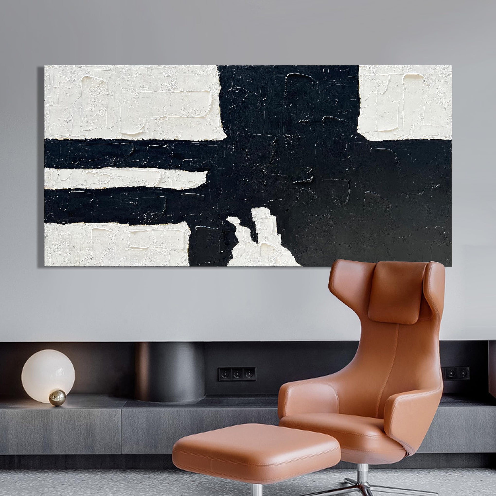 Hand Painted Black and white minimalist style abstract art painting for large