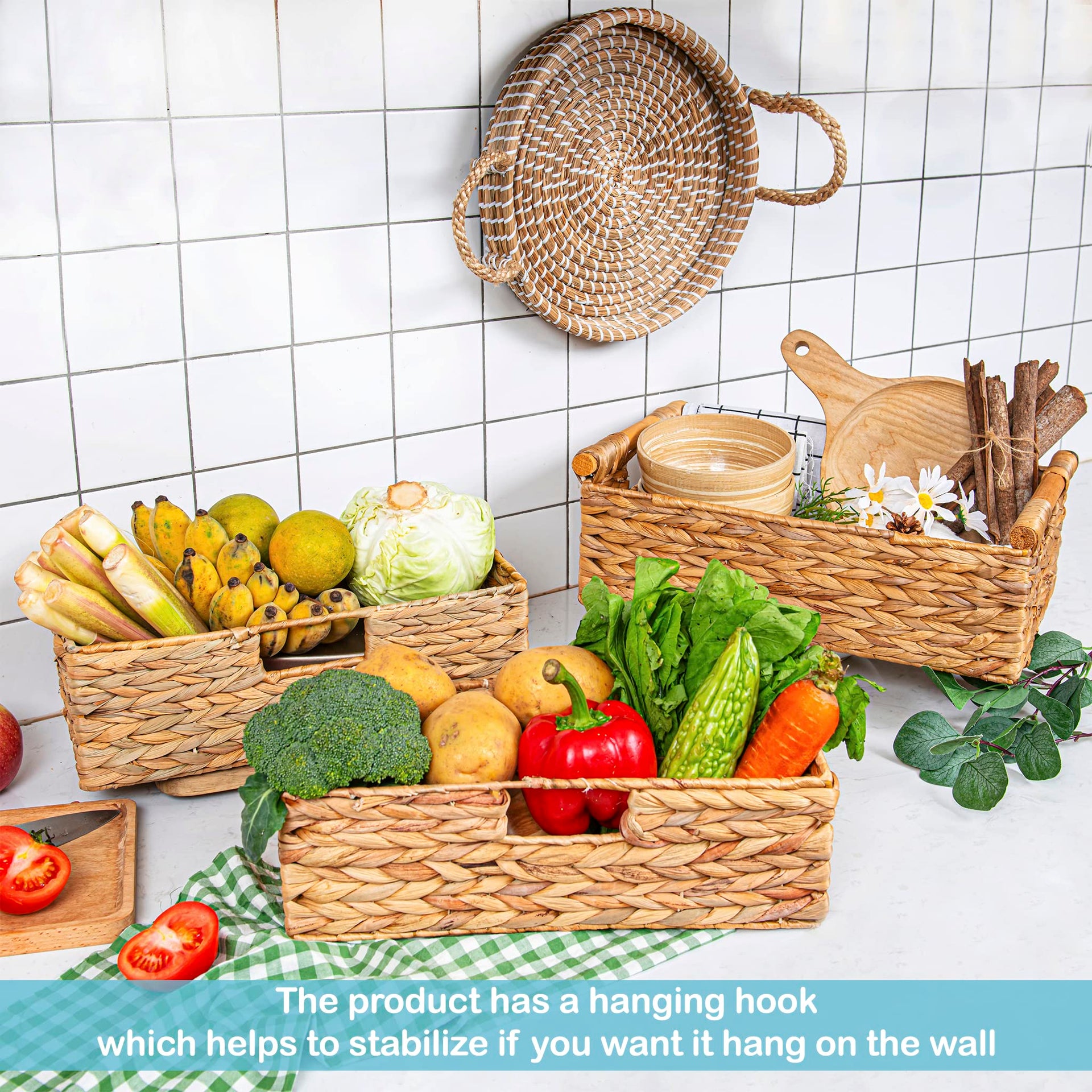 Large Water Hyacinth Storage Baskets for Organizing with Wooden Handles for Shelves (3 Count)