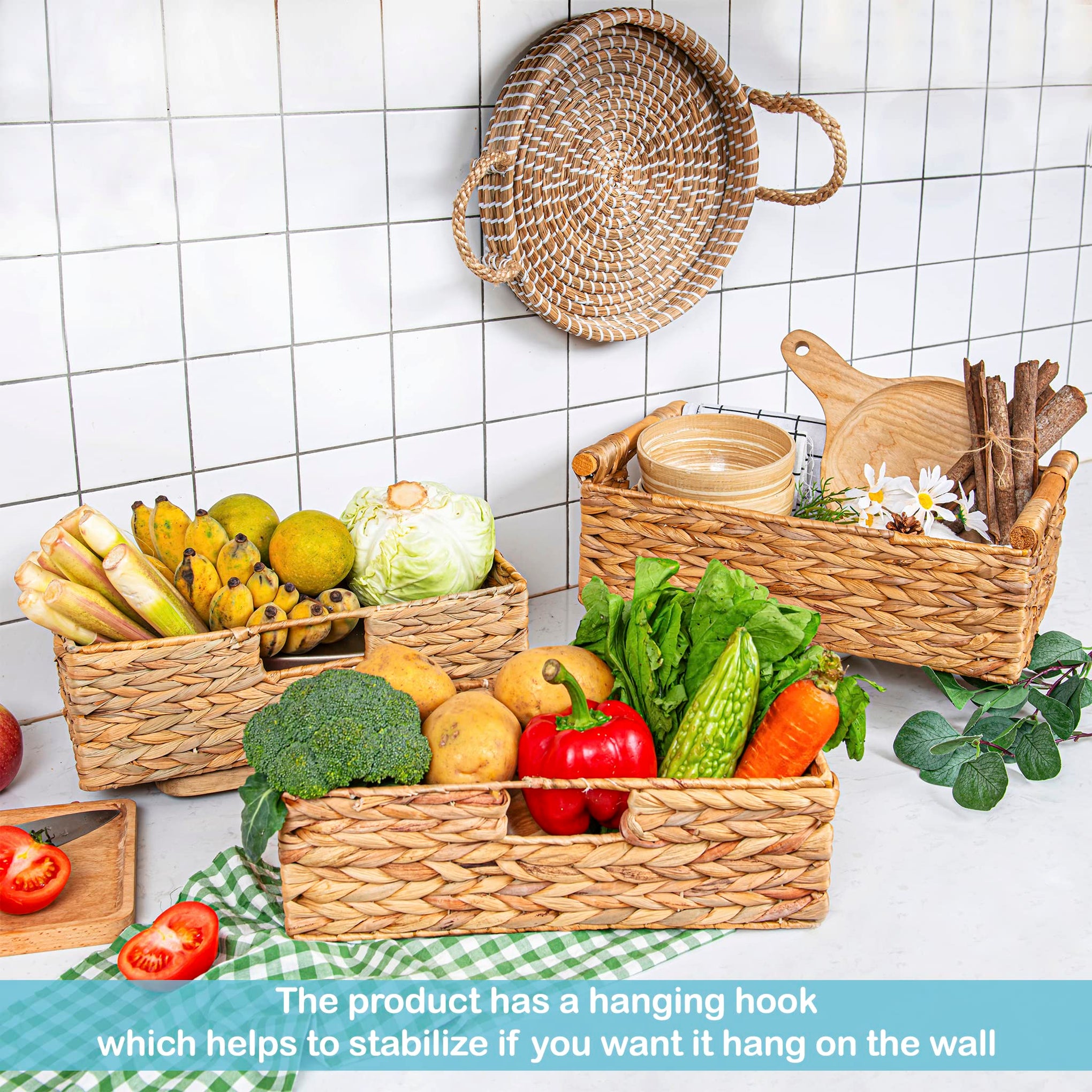 Large Water Hyacinth Storage Baskets for Organizing with Wooden Handles for Shelves (3 Count)