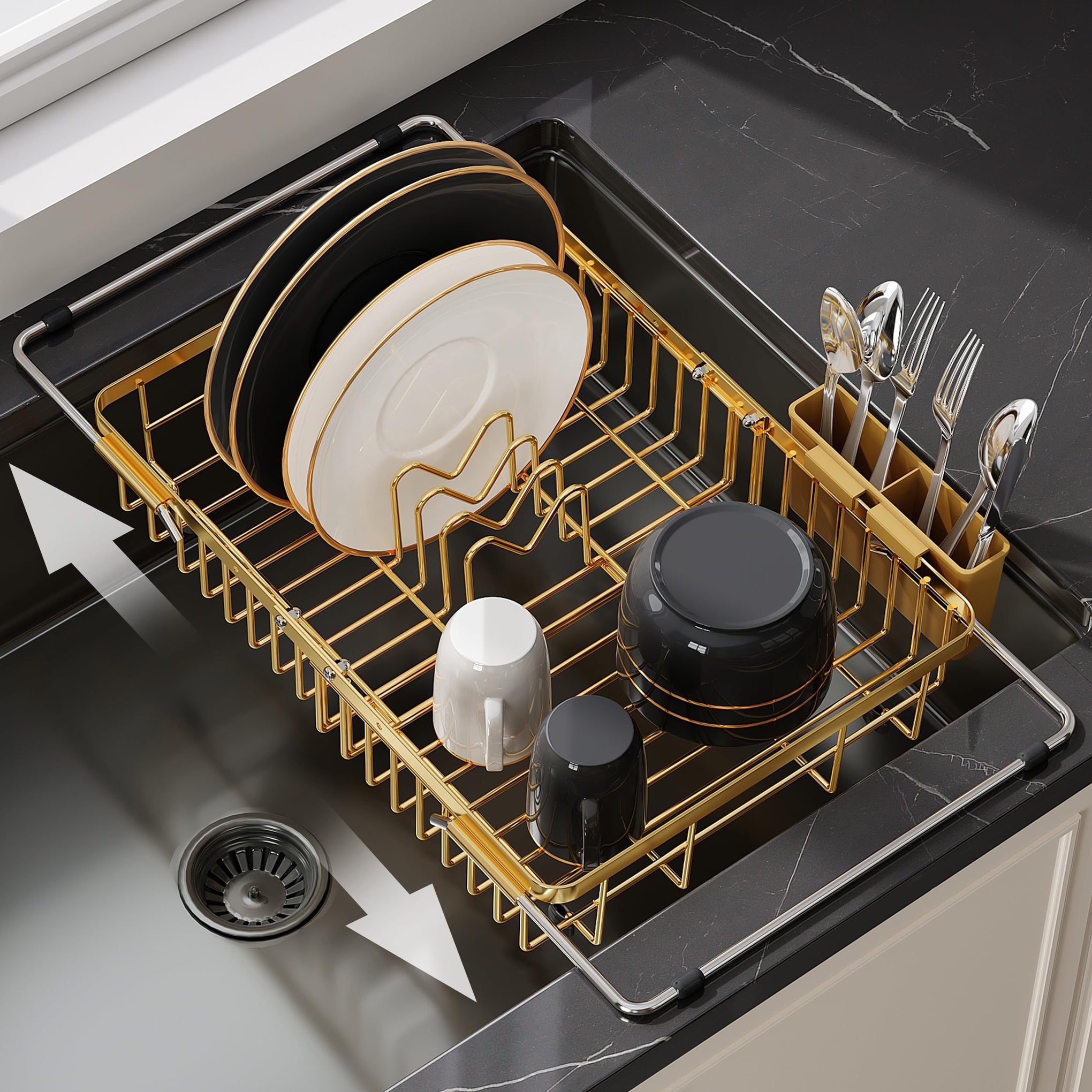 Gold Dish Drying Rack Over the Sink with Utensil Holder
