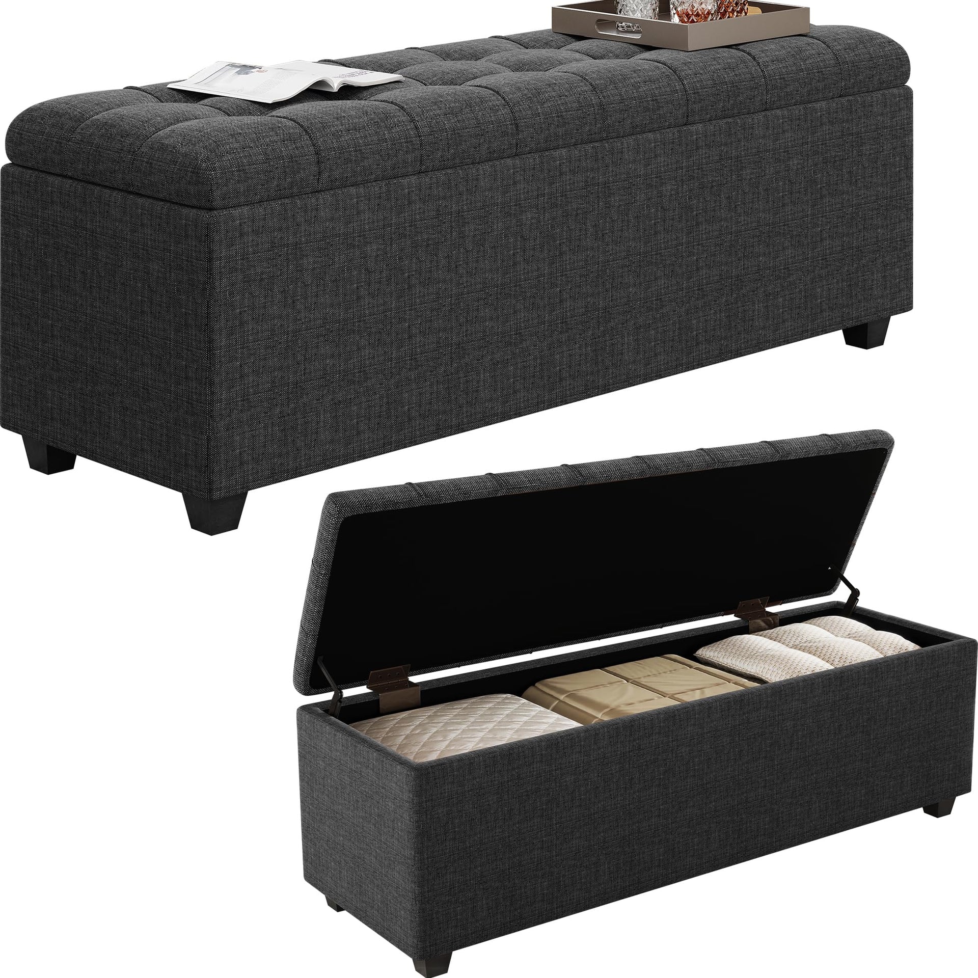 Soft Dark Grey 38" Large Storage Ottoman Bench with Hinged Lid and Footrest