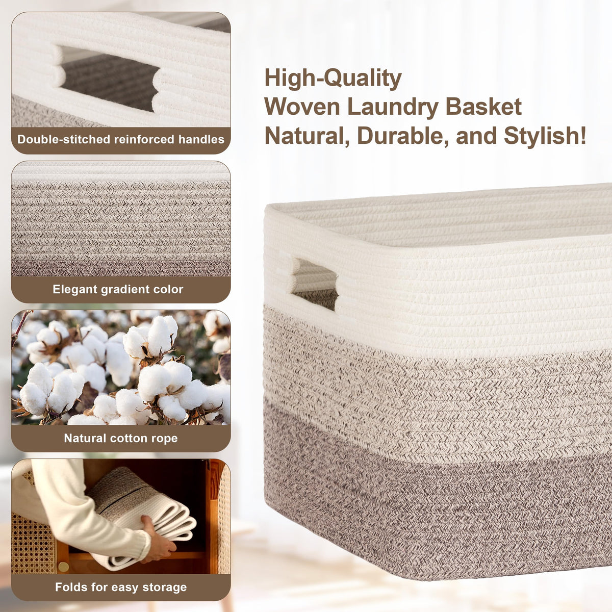 72L Large Woven Laundry Basket Hamper with Handles