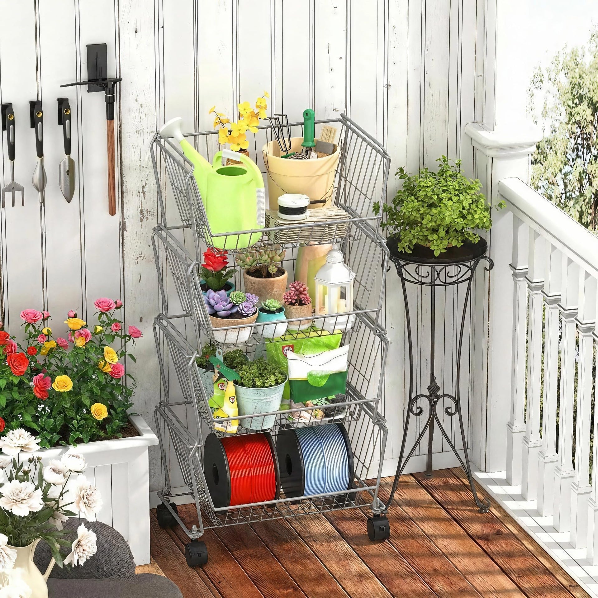 4 Tier Spacious Stackable Wire Storage Baskets with Wheels