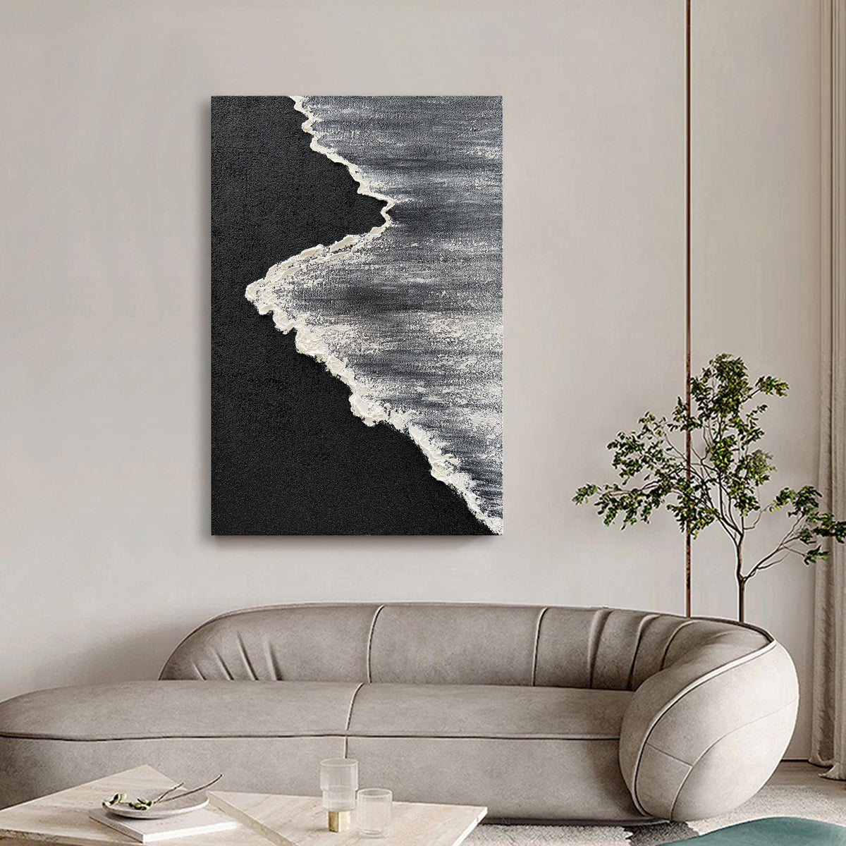 Art Hand Painted 3D Ocean Landscape Oil Painting Black and White Abstract Canvas Art Mural Family Wall Decoration Art 45x30 inches