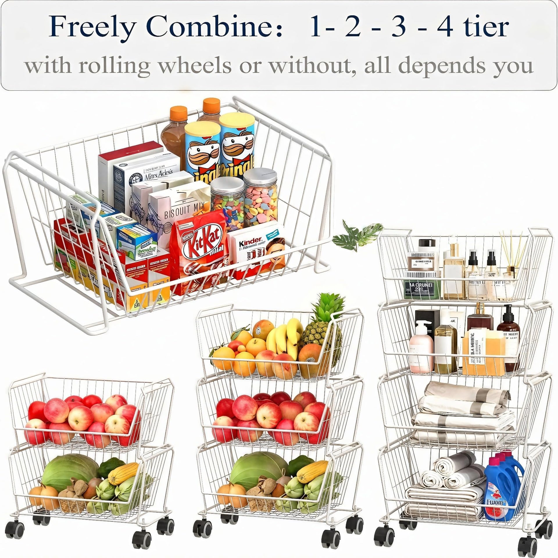 6 Tier Tall Stackable Wire Storage Baskets with Wheels (6 Count)