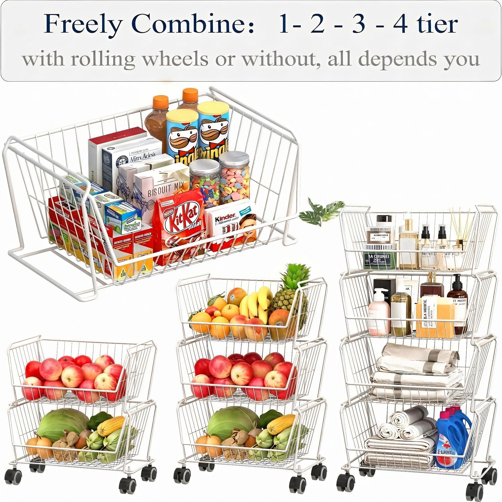 6 Tier Tall Stackable Wire Storage Baskets with Wheels (6 Count)