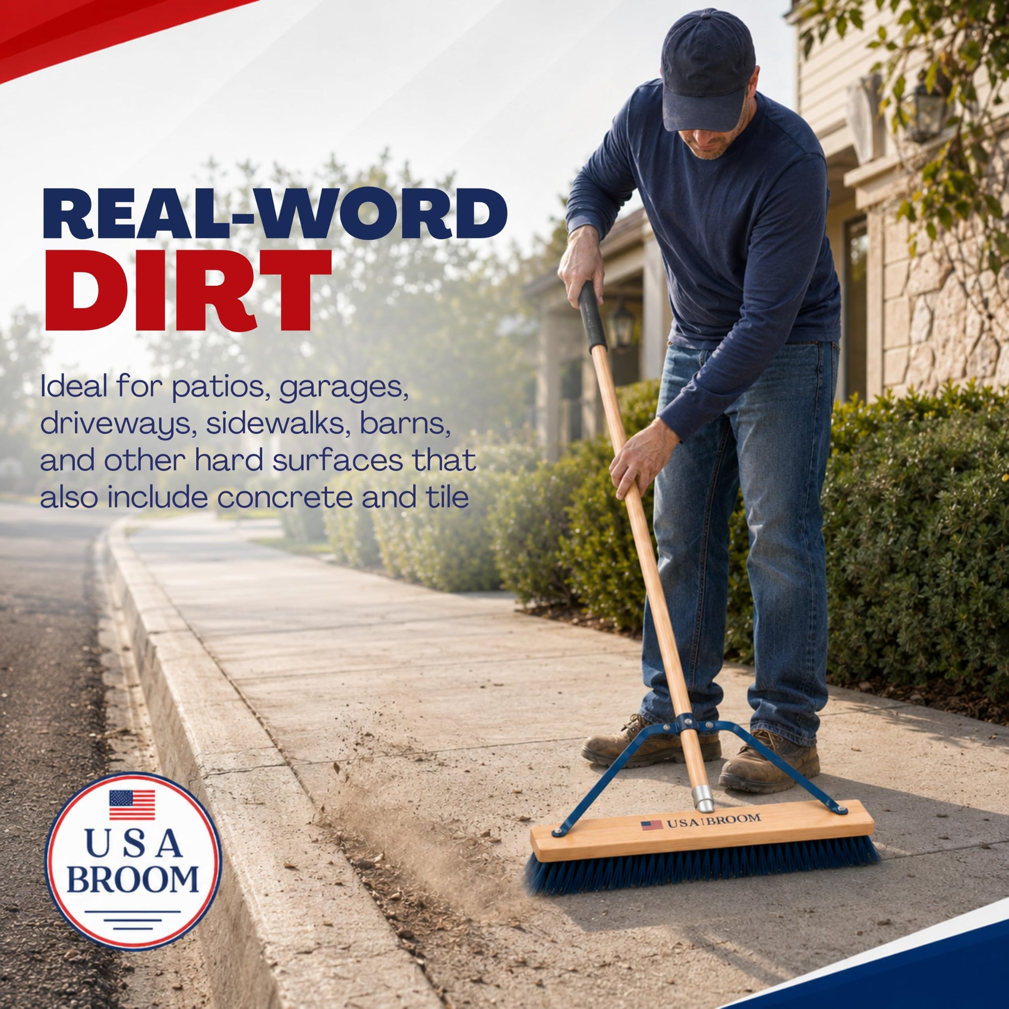 2-Pack - 24" Everyday Sweep Indoor/Outdoor Push Broom with 60" Handle. Ideal for Garages & Shops. Durable American Made Steel Brackets-All Stainless Steel Hardware. No Plastic. 100% USA Made