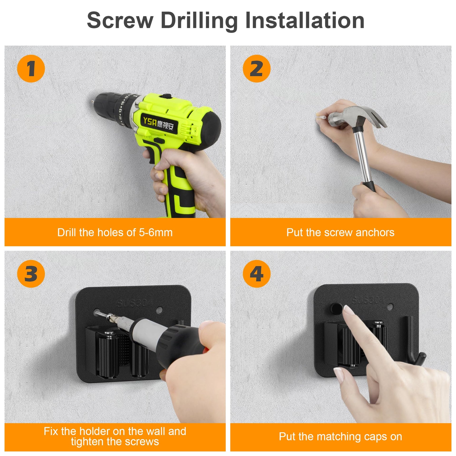 4 Pack Stainless Steel Heavy Duty Broom Holder Wall Mount with Hook (4 Count)