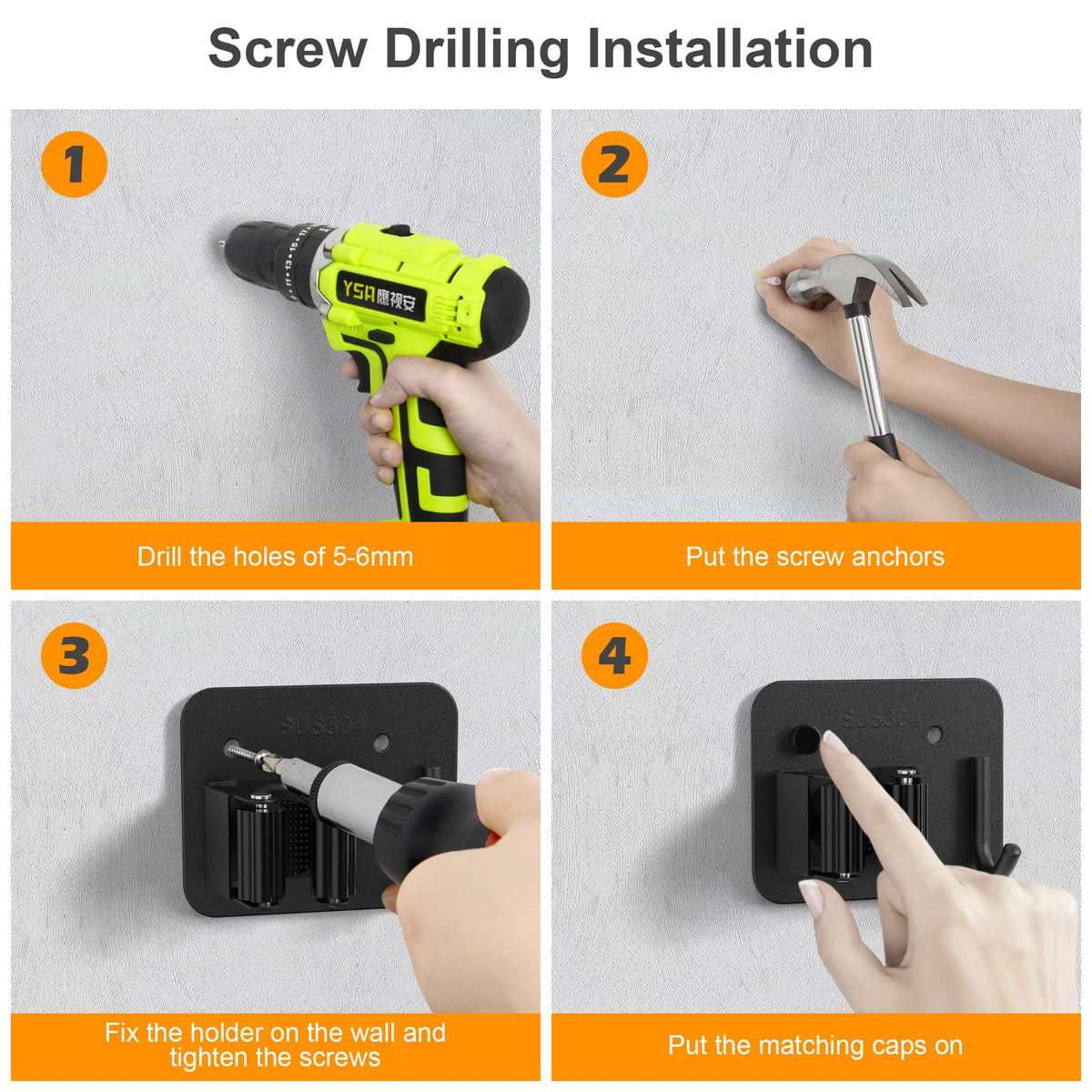 4 Pack Stainless Steel Heavy Duty Broom Holder Wall Mount with Hook (4 Count)