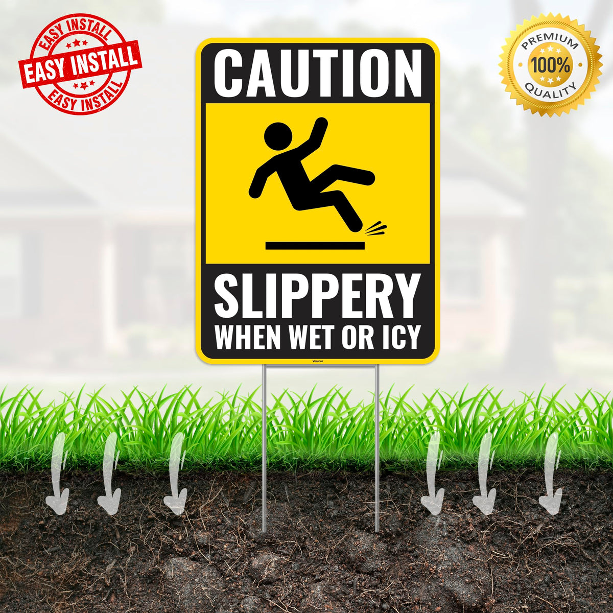 2PC Caution Slippery When Wet Or Icy Sign with Metal Stakes (2 Count)