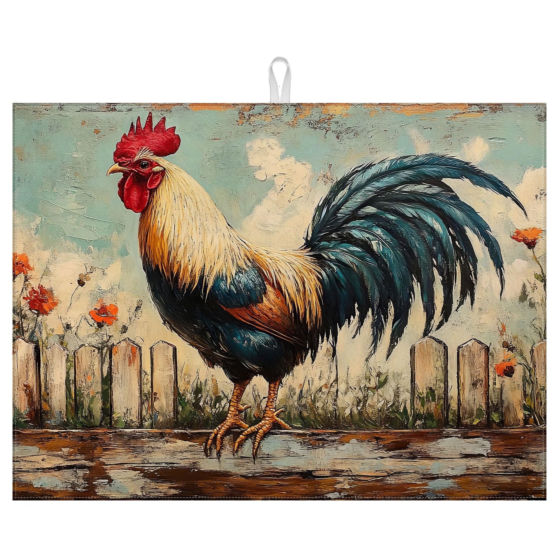 Vintage Rooster Dish Drying Mat for Kitchen Counter Microfiber Absorbent Dish Kitchen Drying Mat Draining Reusable Washable for Dishes