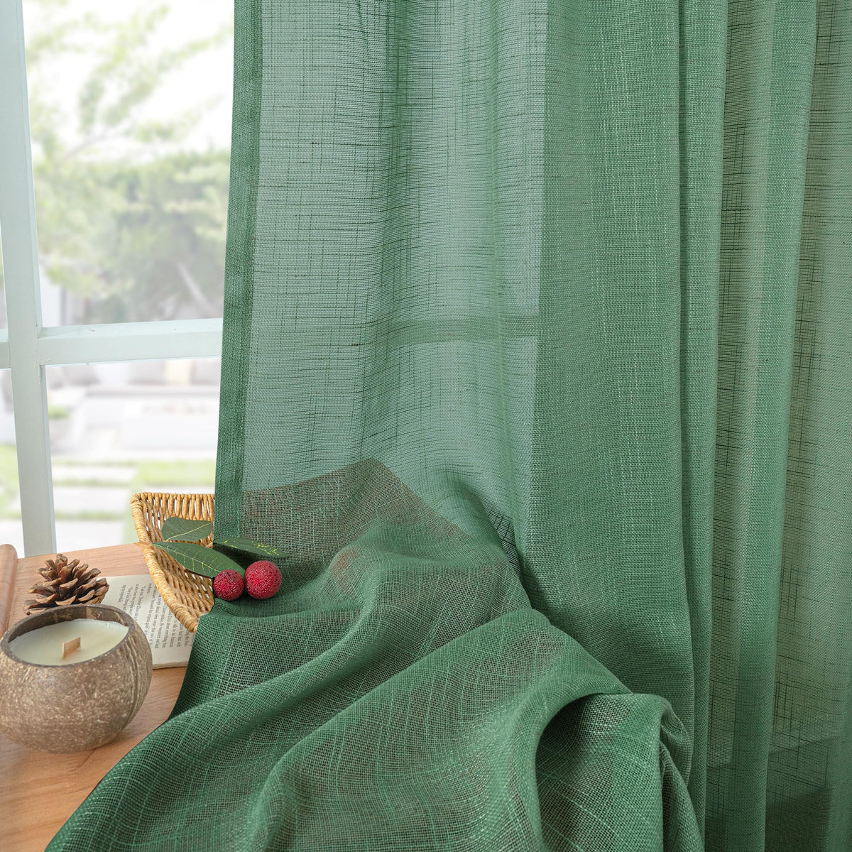 Green Linen Semi Sheer Curtains 63 Inch Length (2 Count)