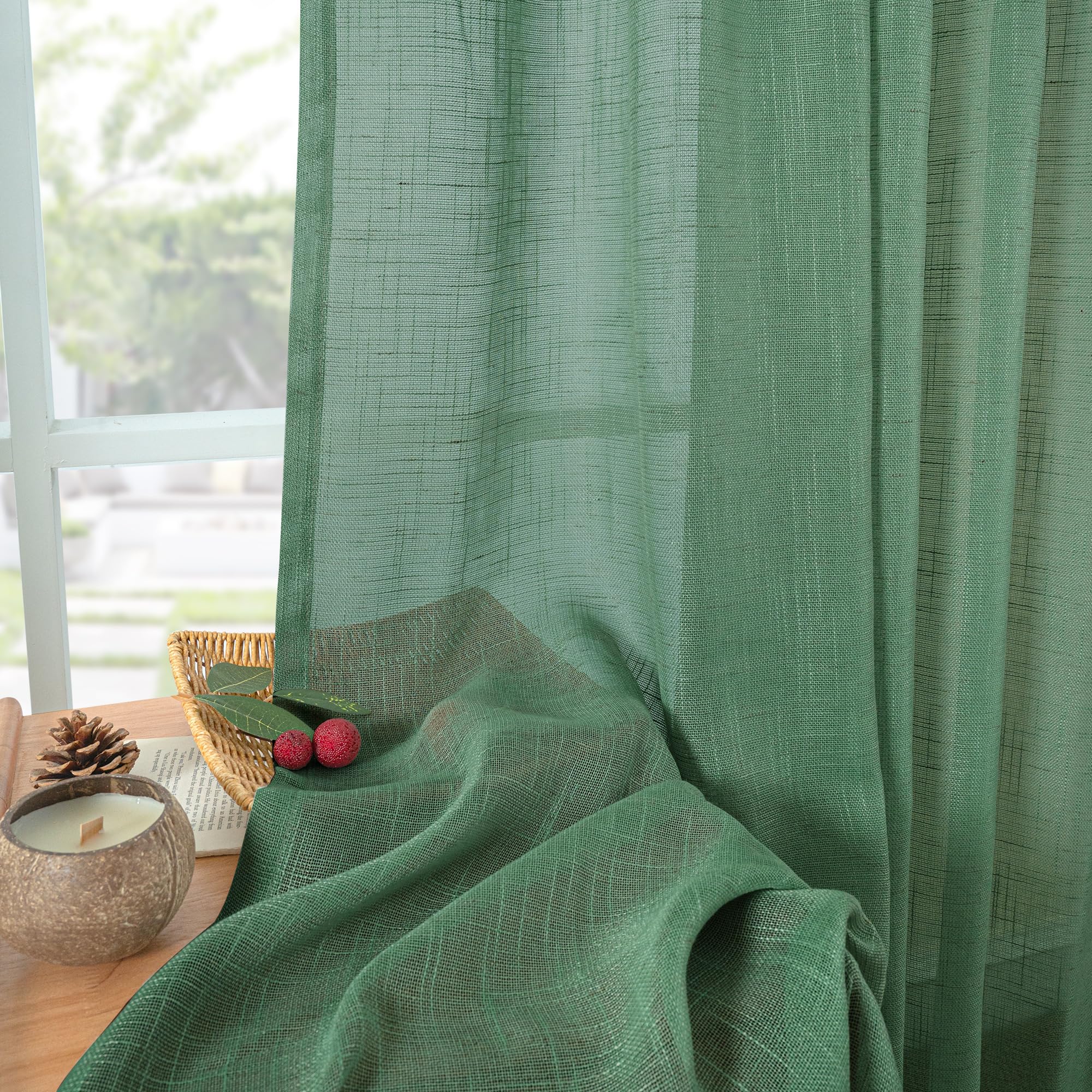 Green Linen Semi Sheer Curtains 63 Inch Length (2 Count)