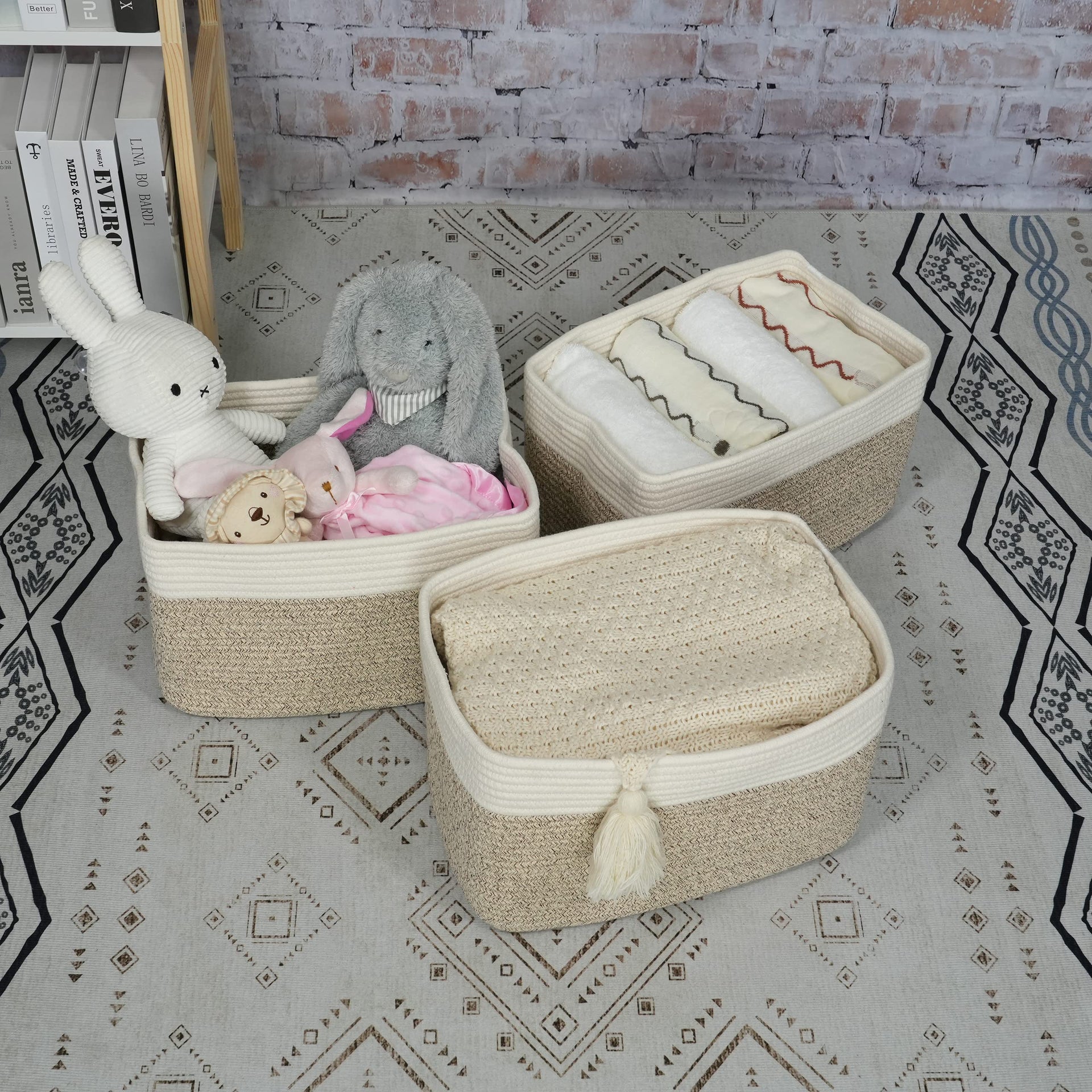Woven Cotton Rope Storage Baskets 15x10x9.3" 3 Pack White and Brown