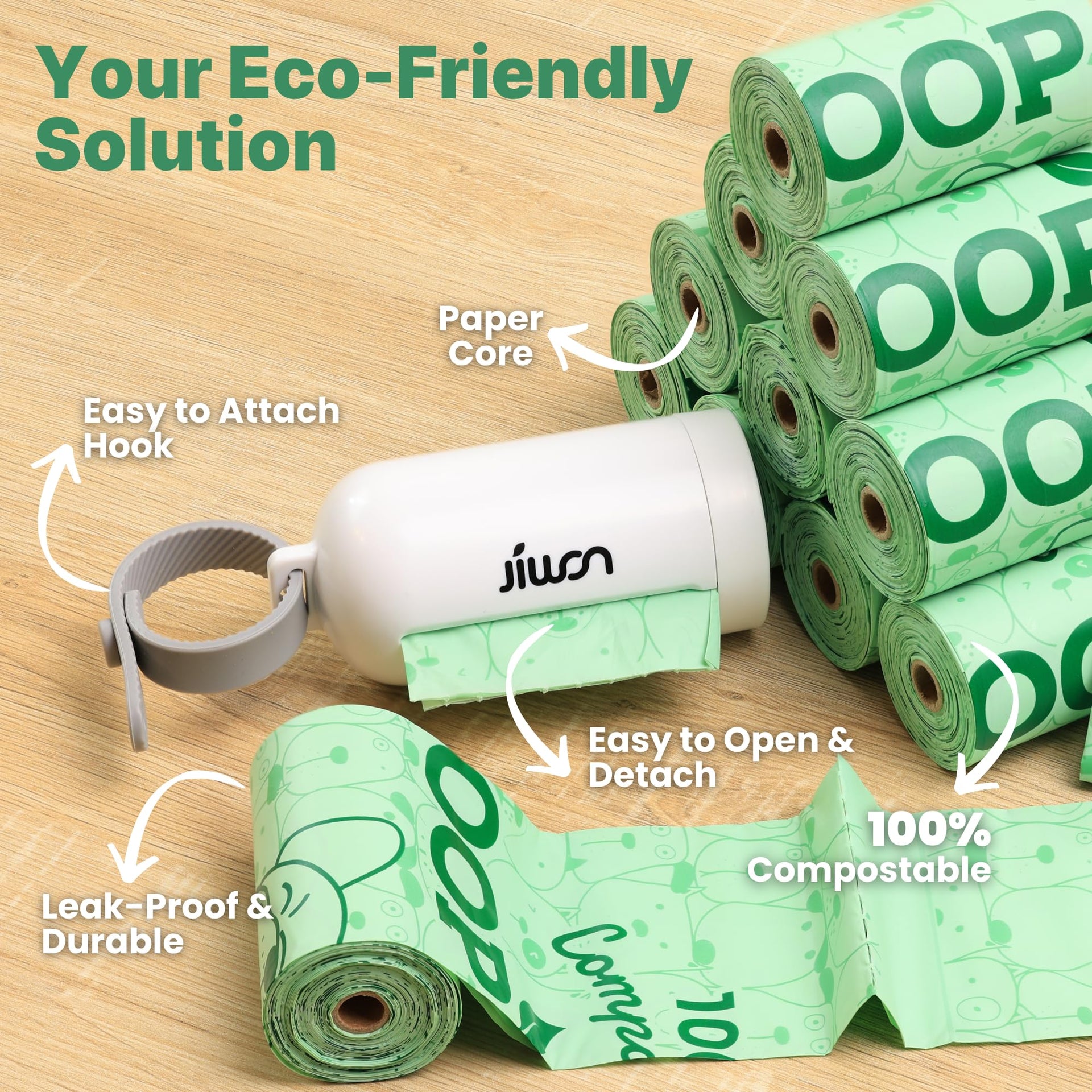 Dog Poop Bag Dispenser with 100% Compostable Refill Roll