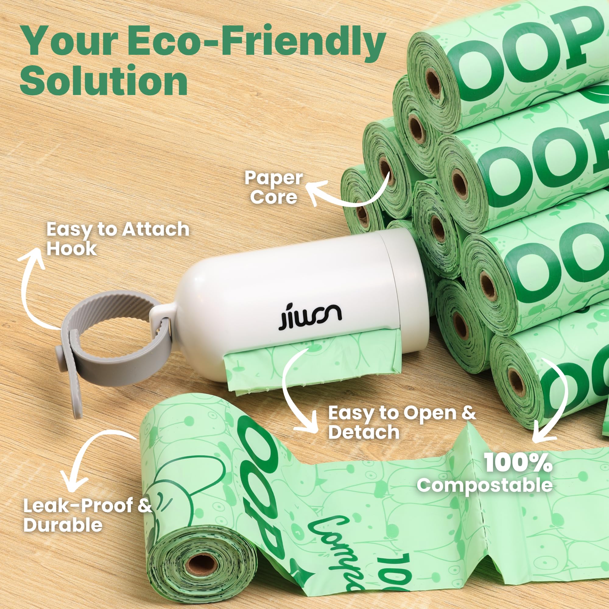 Dog Poop Bag Dispenser with 100% Compostable Refill Roll